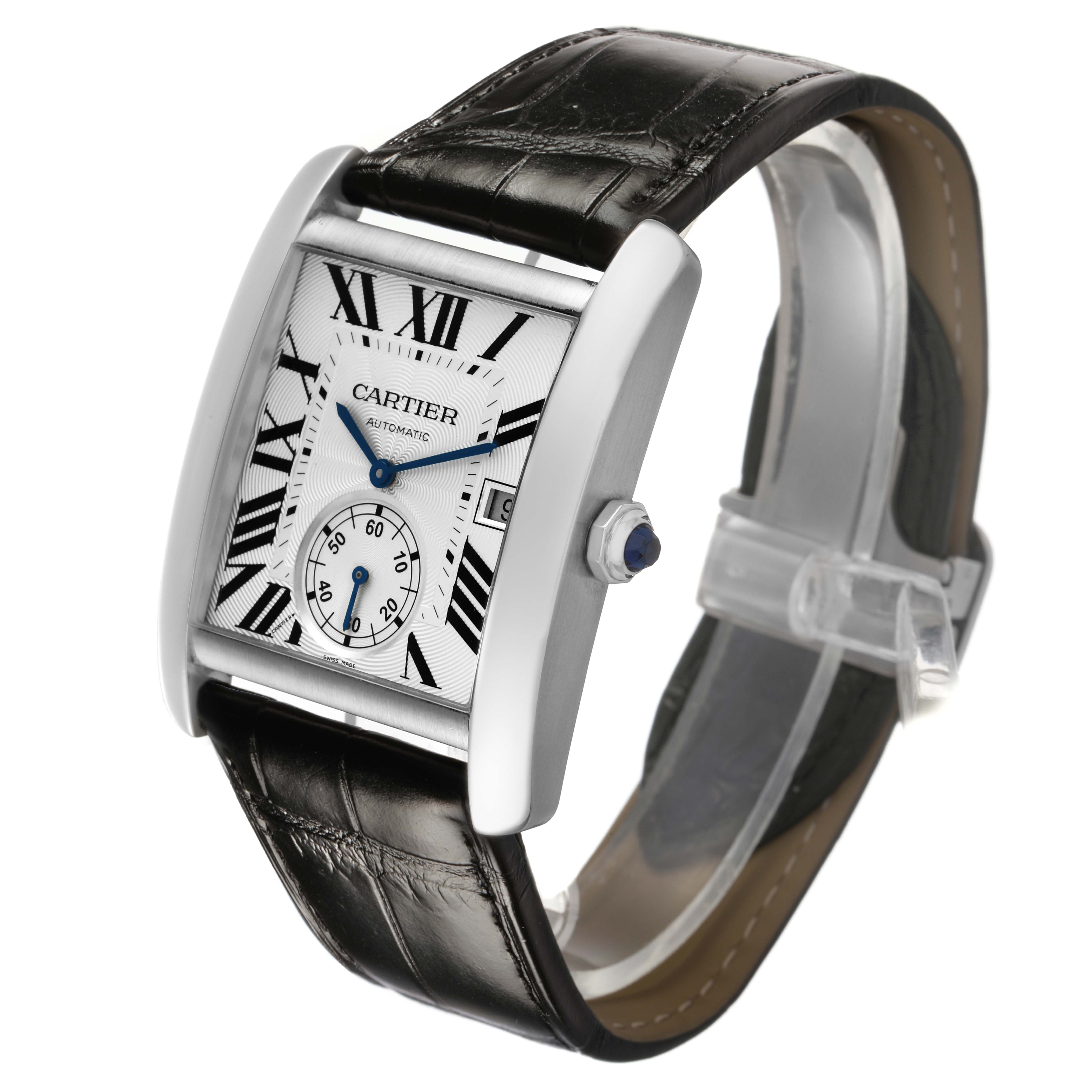 The Cartier Tank MC W5330003 Men's Stainless Steel Silver Dial watch is shown at an angled front view, highlighting the face, case, crown, and leather strap.