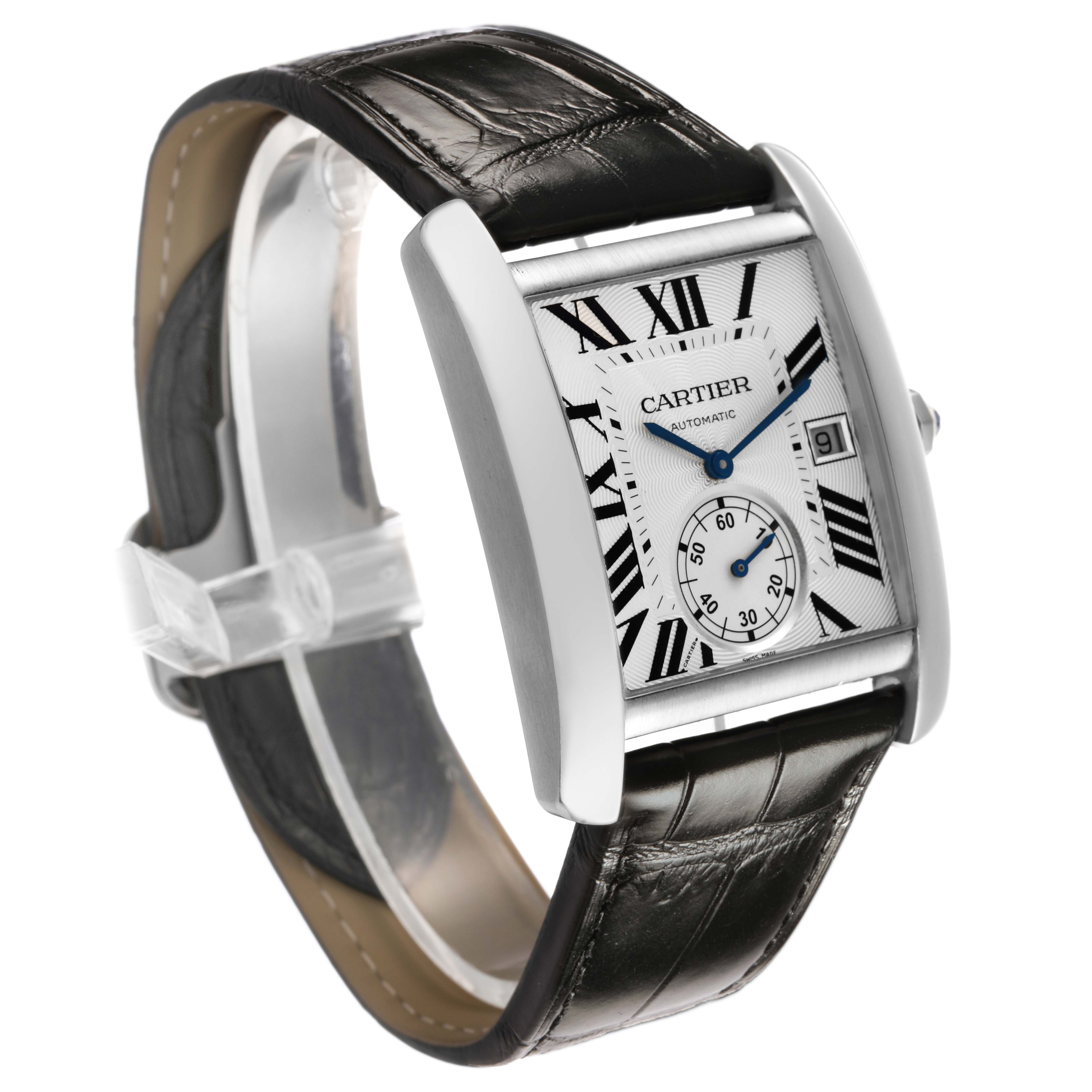 The Cartier Tank MC W5330003 Men's Stainless Steel Silver Dial watch is shown at an angled side view, highlighting its rectangular face, Roman numerals, and leather strap.