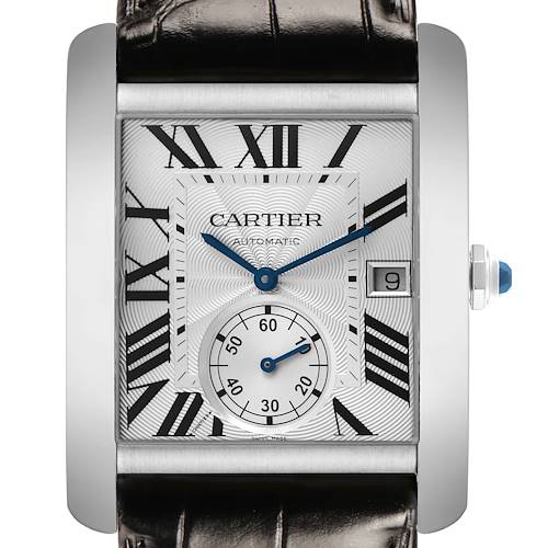 The Cartier Tank MC W5330003 Men's Stainless Steel Silver Dial watch is shown from a front angle, displaying its face, roman numerals, subdial, date window, and crown.