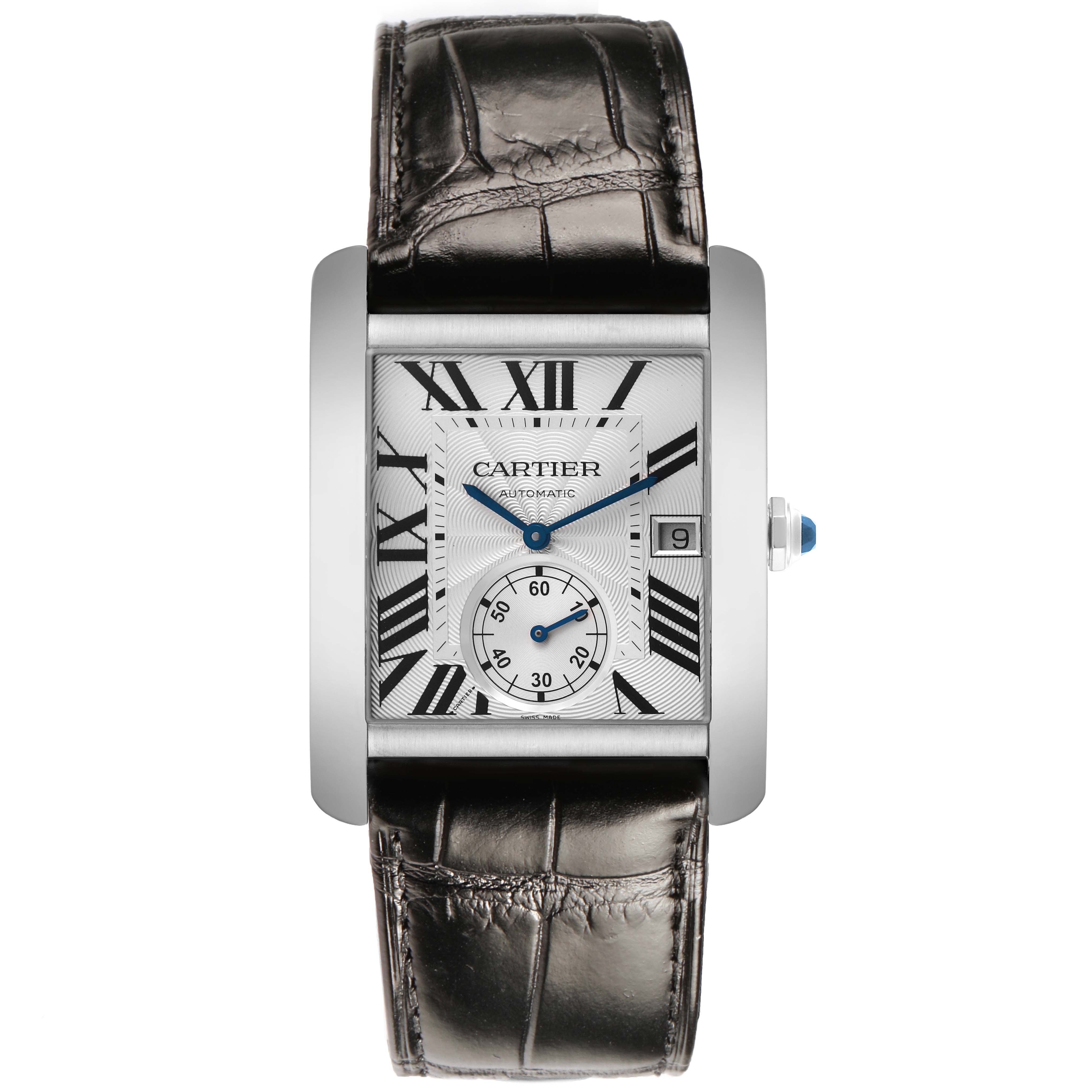 The Cartier Tank MC W5330003 Men's Stainless Steel Silver Dial watch is shown from the front, displaying the dial, straps, and crown.
