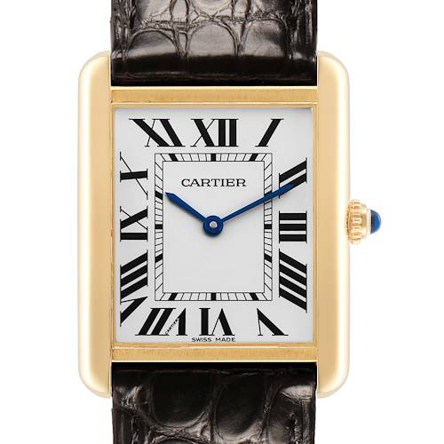 The Cartier Tank Solo W5200004 Men's Stainless Steel Silver Dial watch is pictured from the front, showing its rectangular face, Roman numerals, and crown with a blue gem.