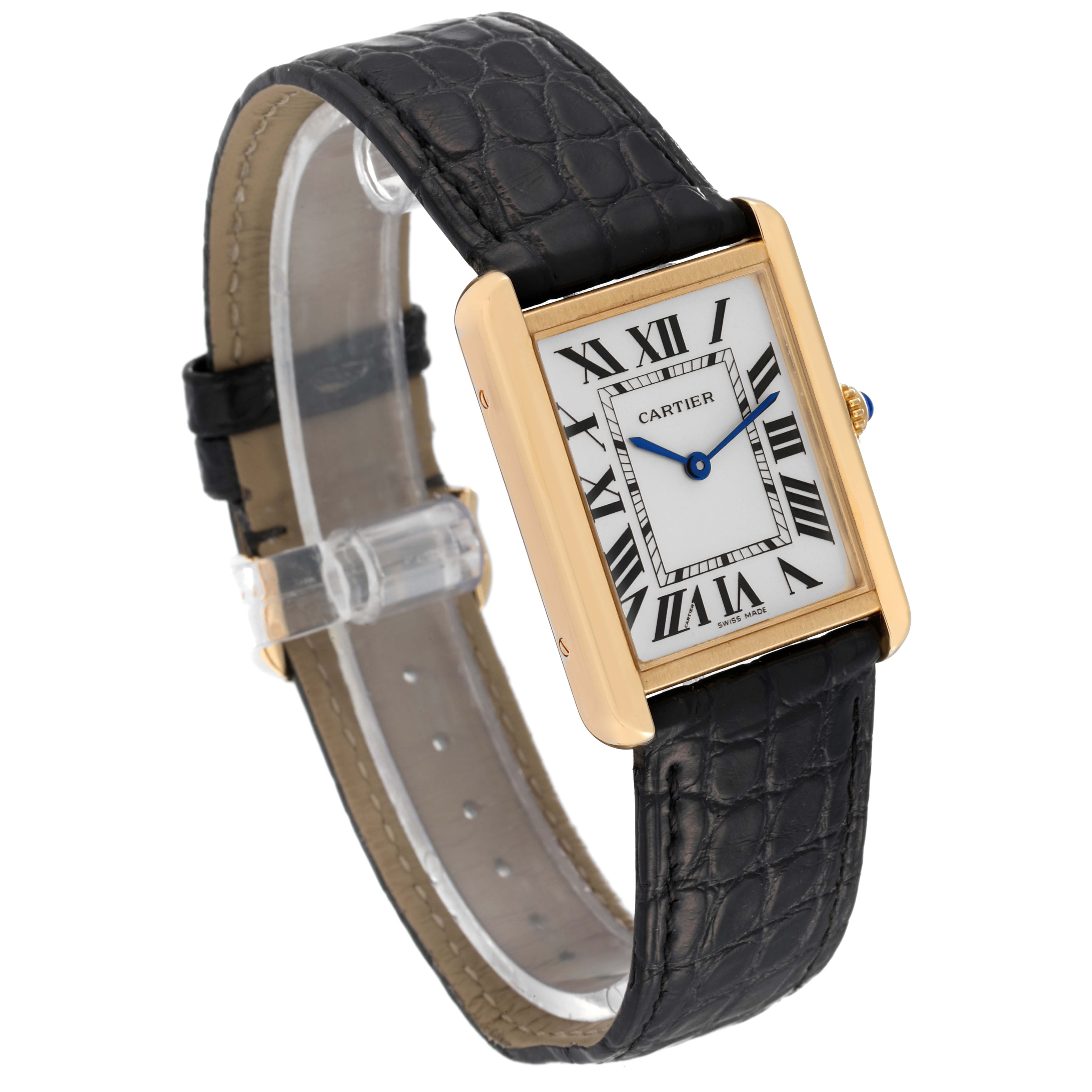 The image shows a Cartier Tank Solo W5200004 Men's Yellow Gold Silver Dial W5200004 Men's Yellow Gold Silver Dial watch from an angled top-down perspective, highlighting its rectangular face and black leather strap.