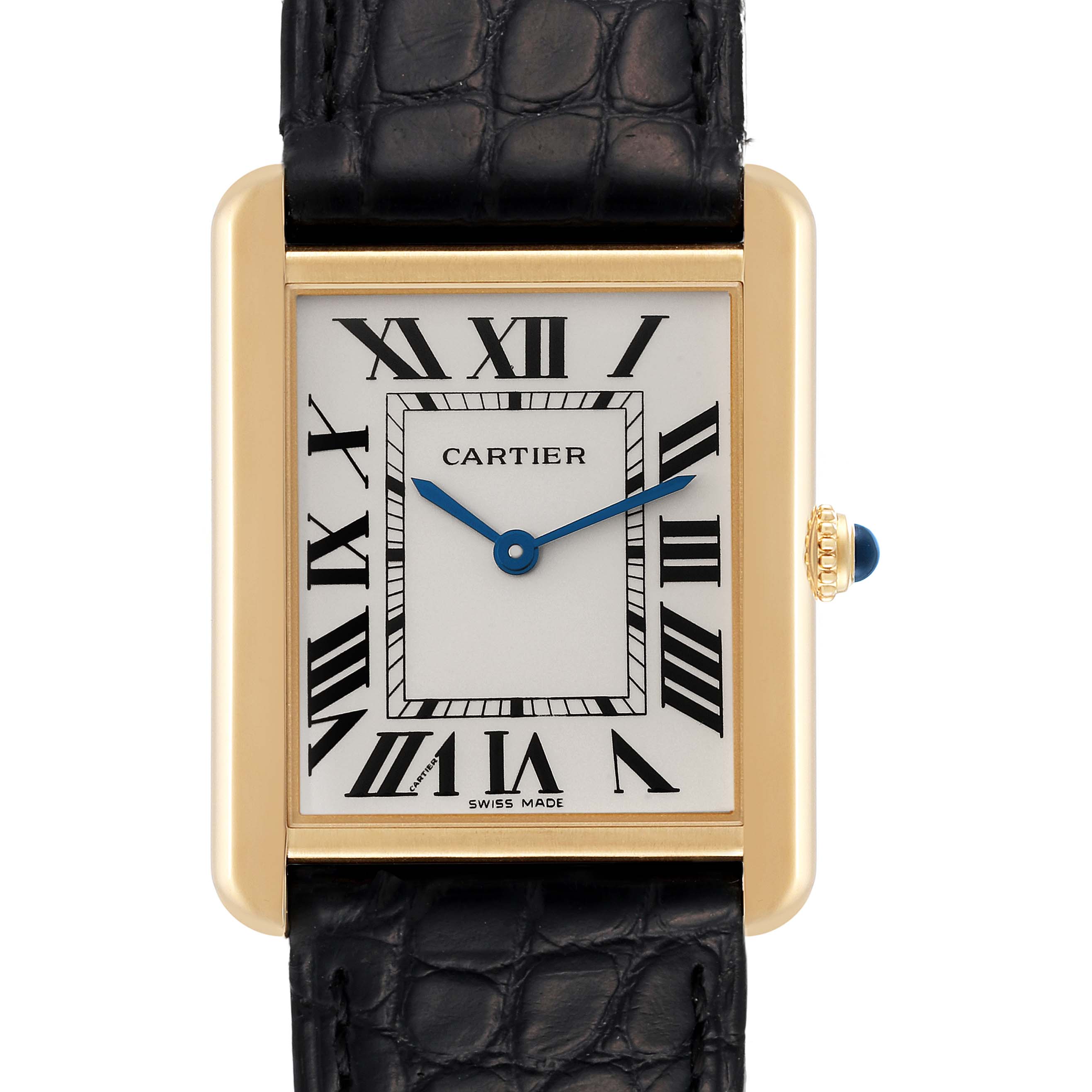 The image shows a front view of the Cartier Tank Solo W5200004 Men's Yellow Gold Silver Dial W5200004 Men's Yellow Gold Silver Dial watch, highlighting the dial, Roman numerals, blue hands, and black leather strap.