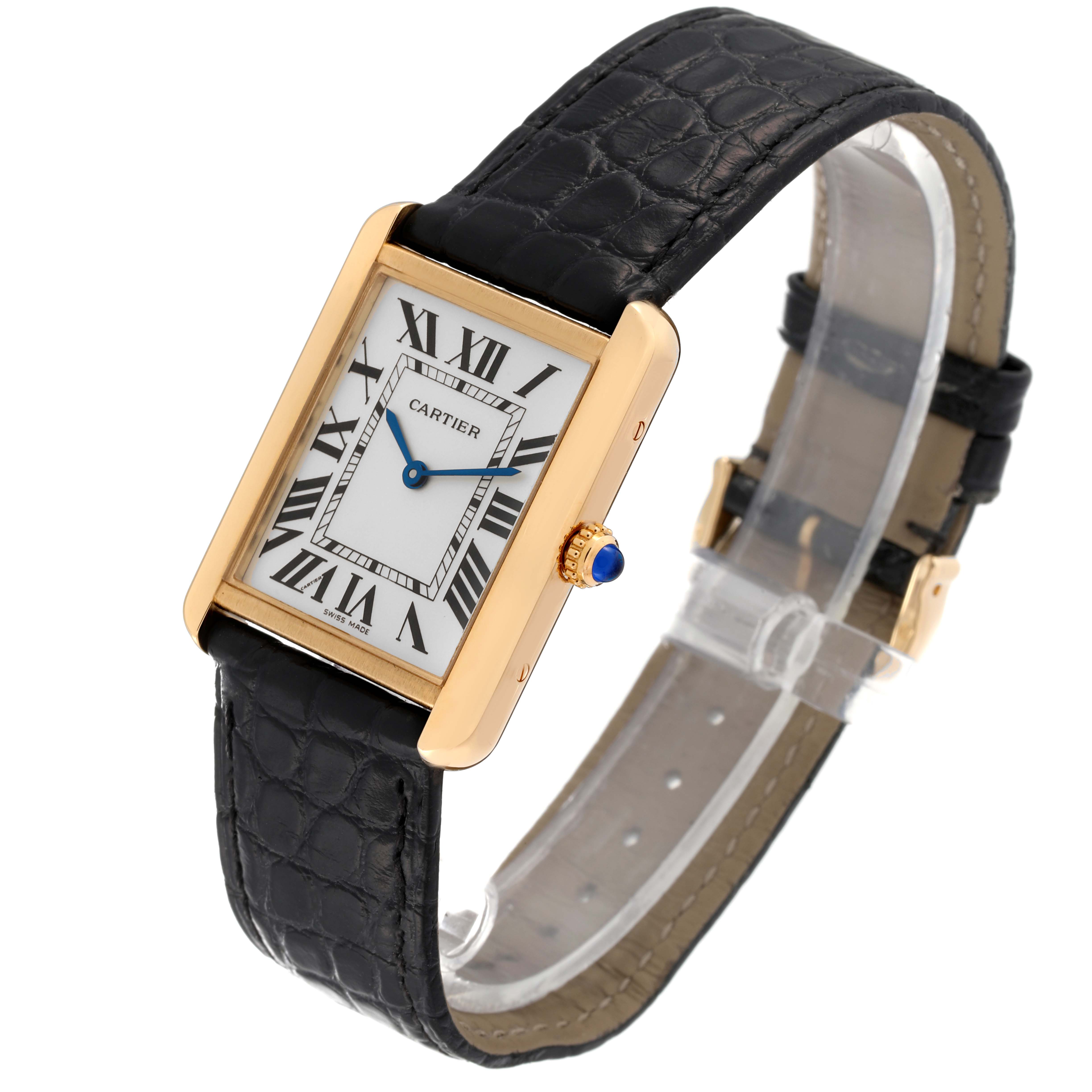 The image shows a Cartier Tank Solo W5200004 Men's Yellow Gold Silver Dial W5200004 Men's Yellow Gold Silver Dial watch angled to display the face, strap, and side crown.