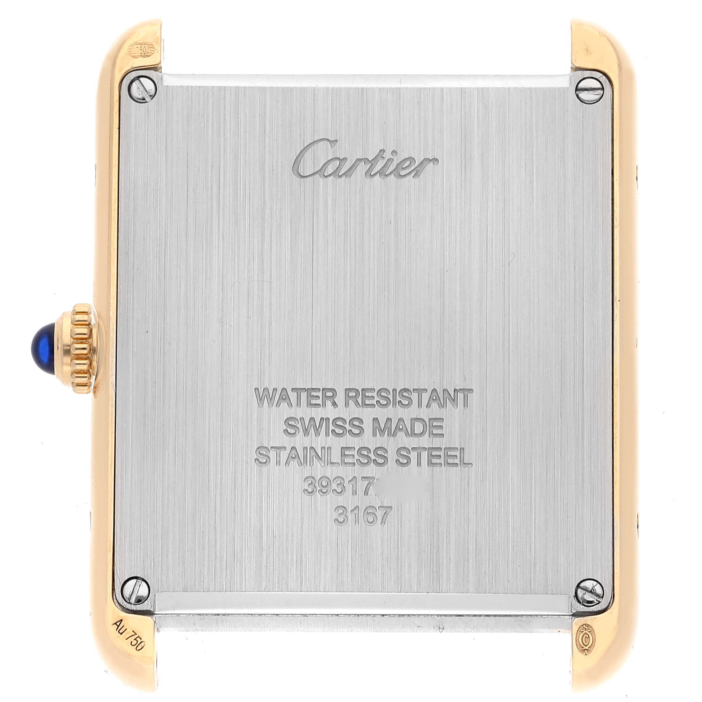 Back view of the Cartier Tank Solo W5200004 Men's Yellow Gold Silver Dial W5200004 Men's Yellow Gold Silver Dial watch, showing the case back and side crown.