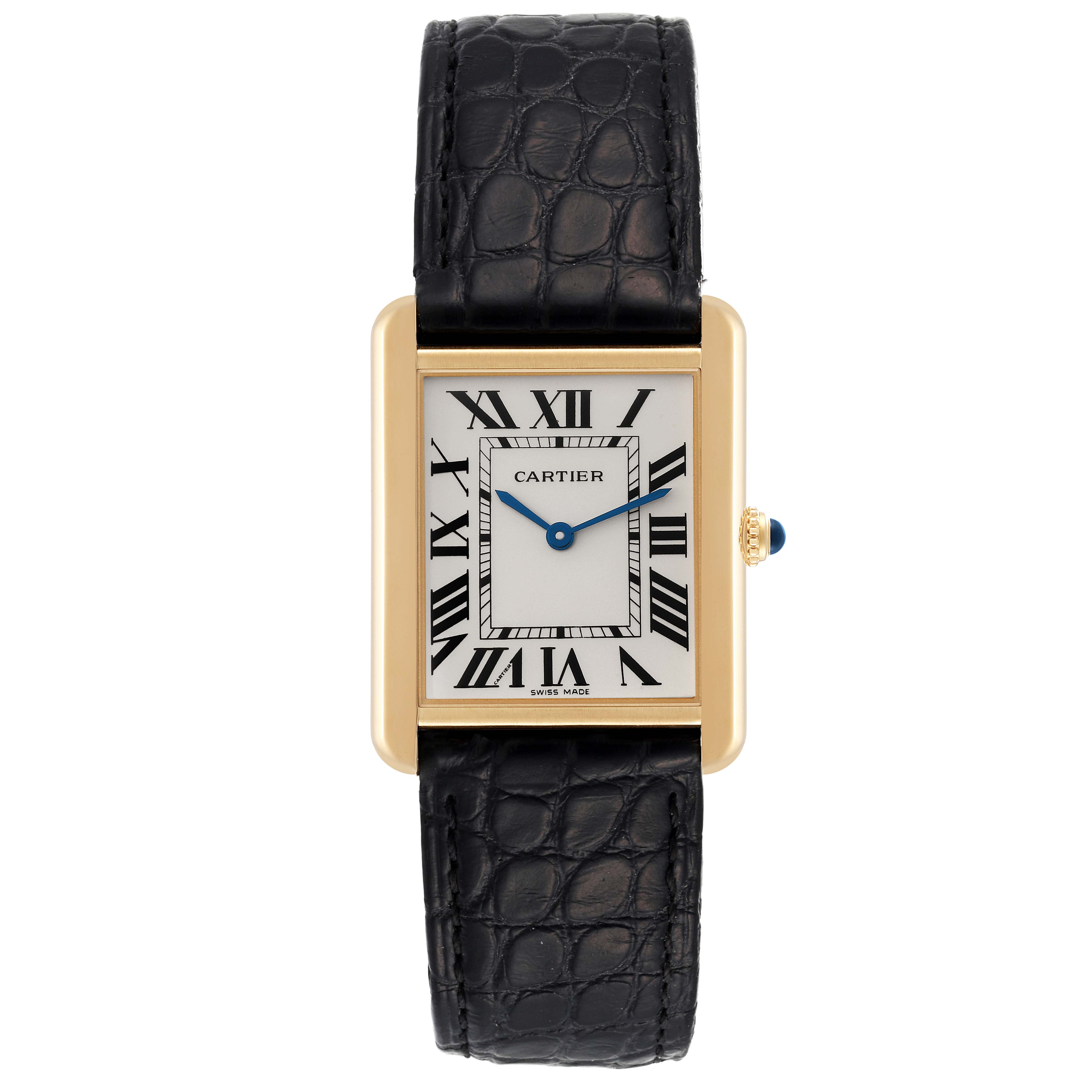 The Cartier Tank Solo W5200004 Men's Yellow Gold Silver Dial W5200004 Men's Yellow Gold Silver Dial watch is shown from a top view, displaying its face, Roman numerals, blue hands, gold case, and black leather strap.
