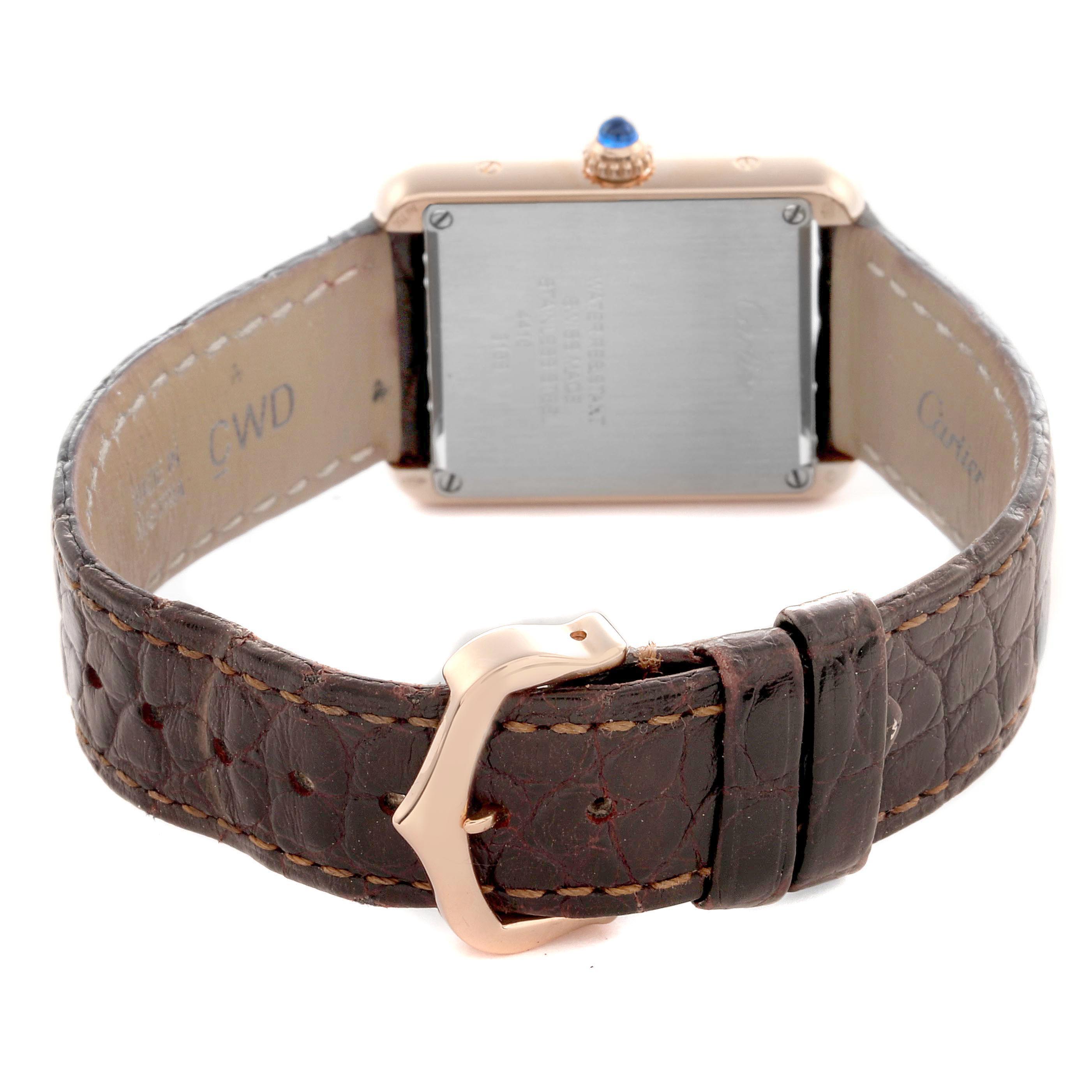 The image shows the back case and leather strap of the Cartier Tank Solo W5200024 Women's Rose Gold Silver Dial watch, viewed from the rear angle.