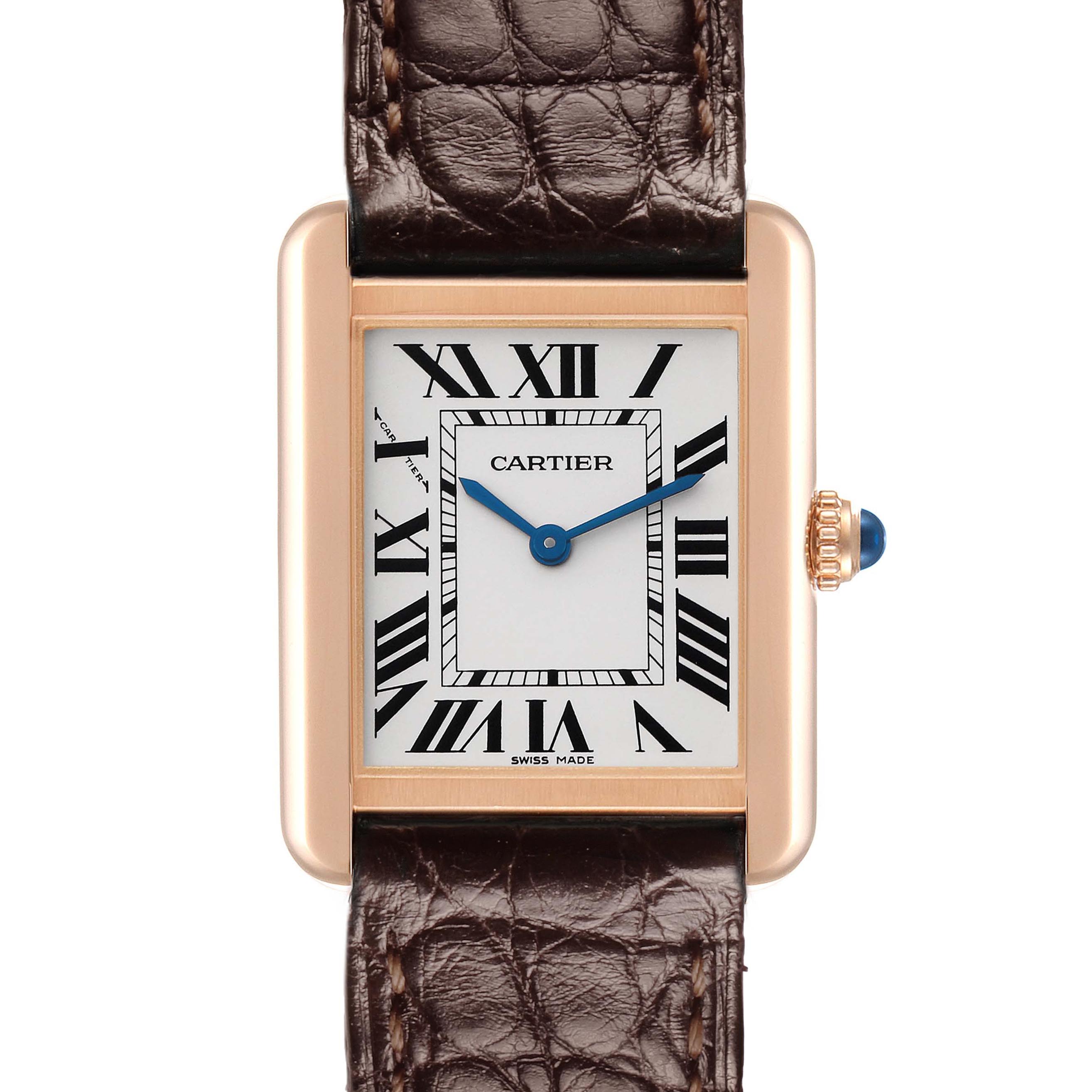 The Cartier Tank Solo W5200024 Women's Rose Gold Silver Dial watch is shown from the front, highlighting its rectangular face, Roman numerals, and brown leather strap.