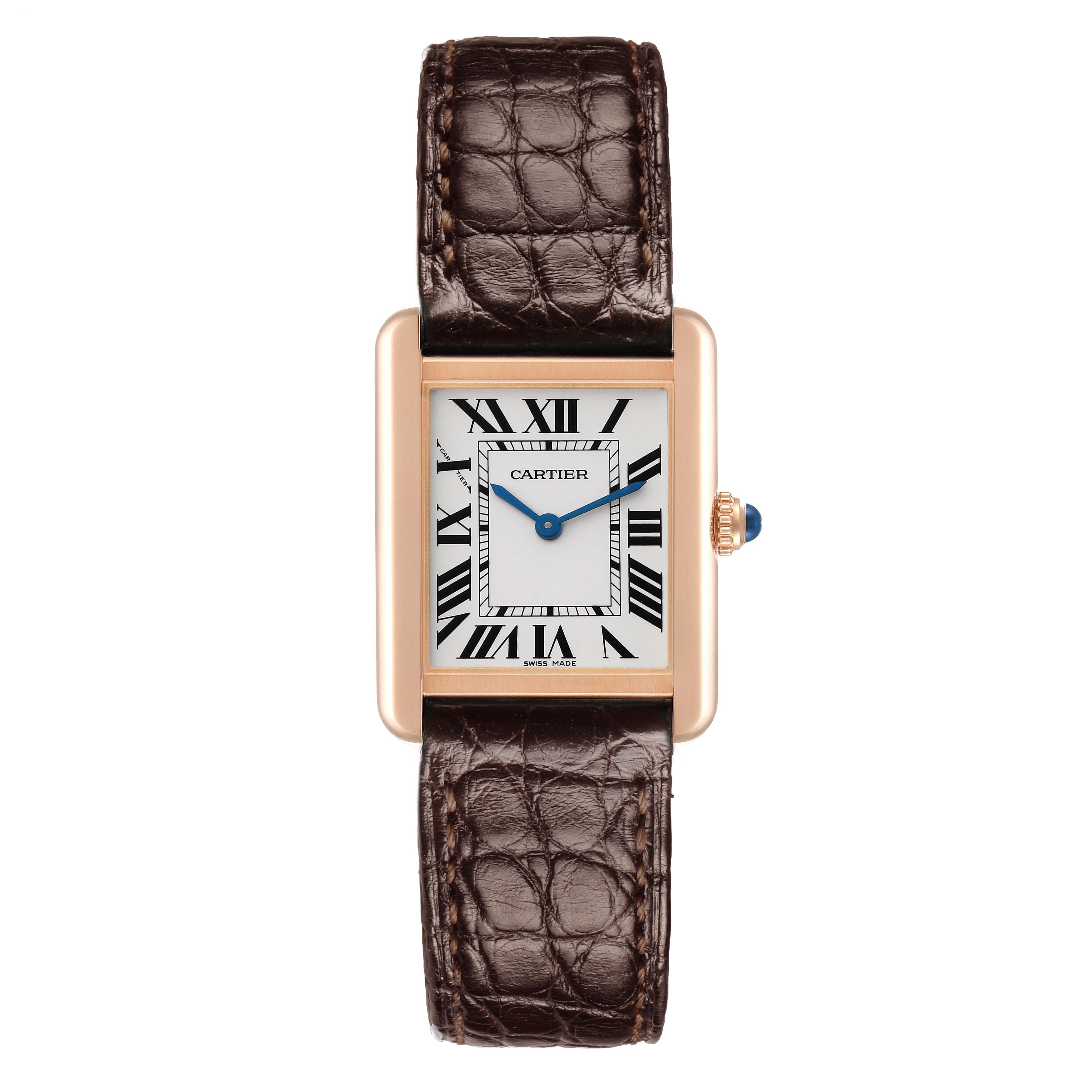 The Cartier Tank Solo W5200024 Women's Rose Gold Silver Dial watch is shown from a front angle, featuring a rectangular face, Roman numerals, and a brown leather strap.