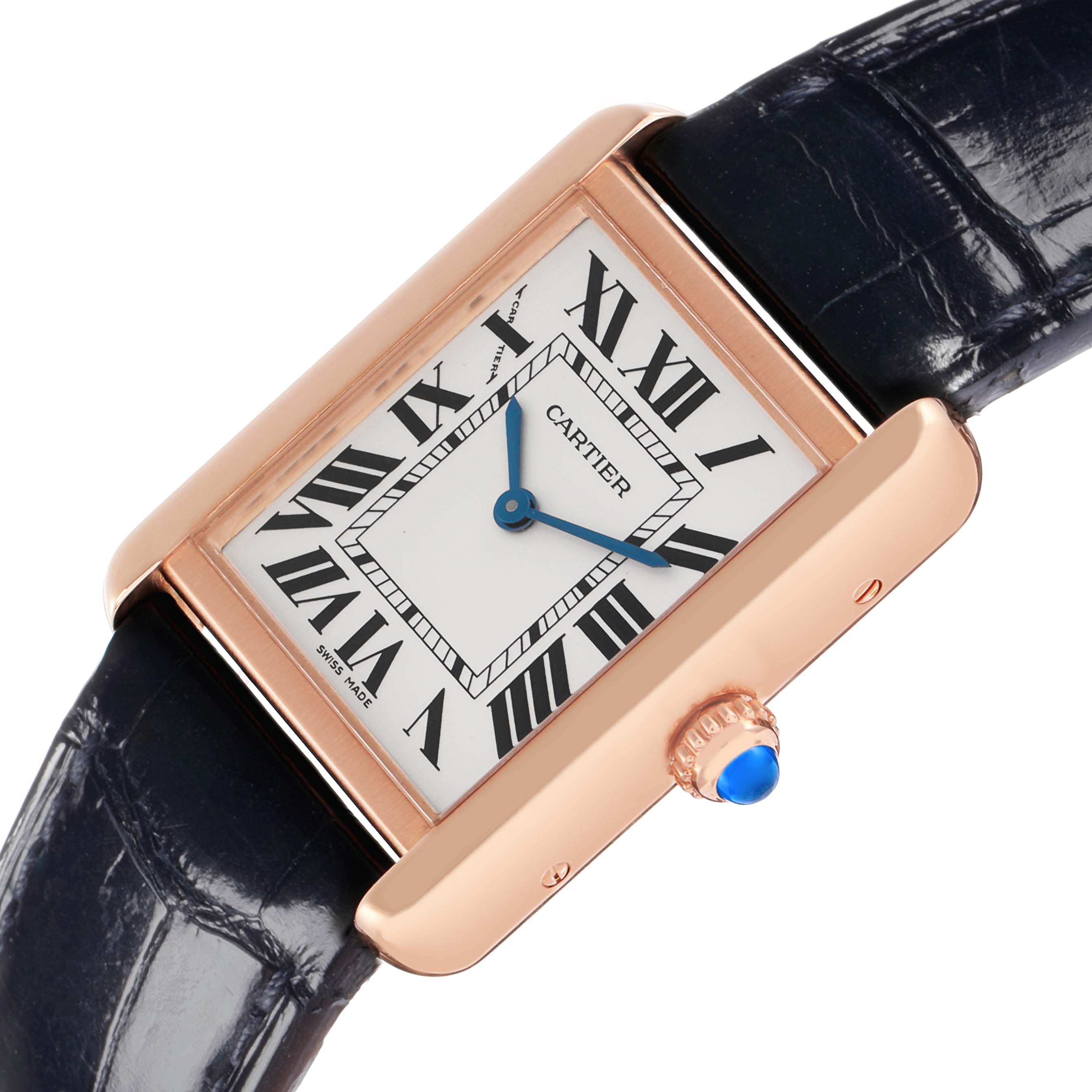 The Cartier Tank Solo W5200002 Women
s Rose Gold Silver Dial watch is shown at an angled view, displaying the face, Roman numerals, blue hands, and a blue crown on a leather strap.