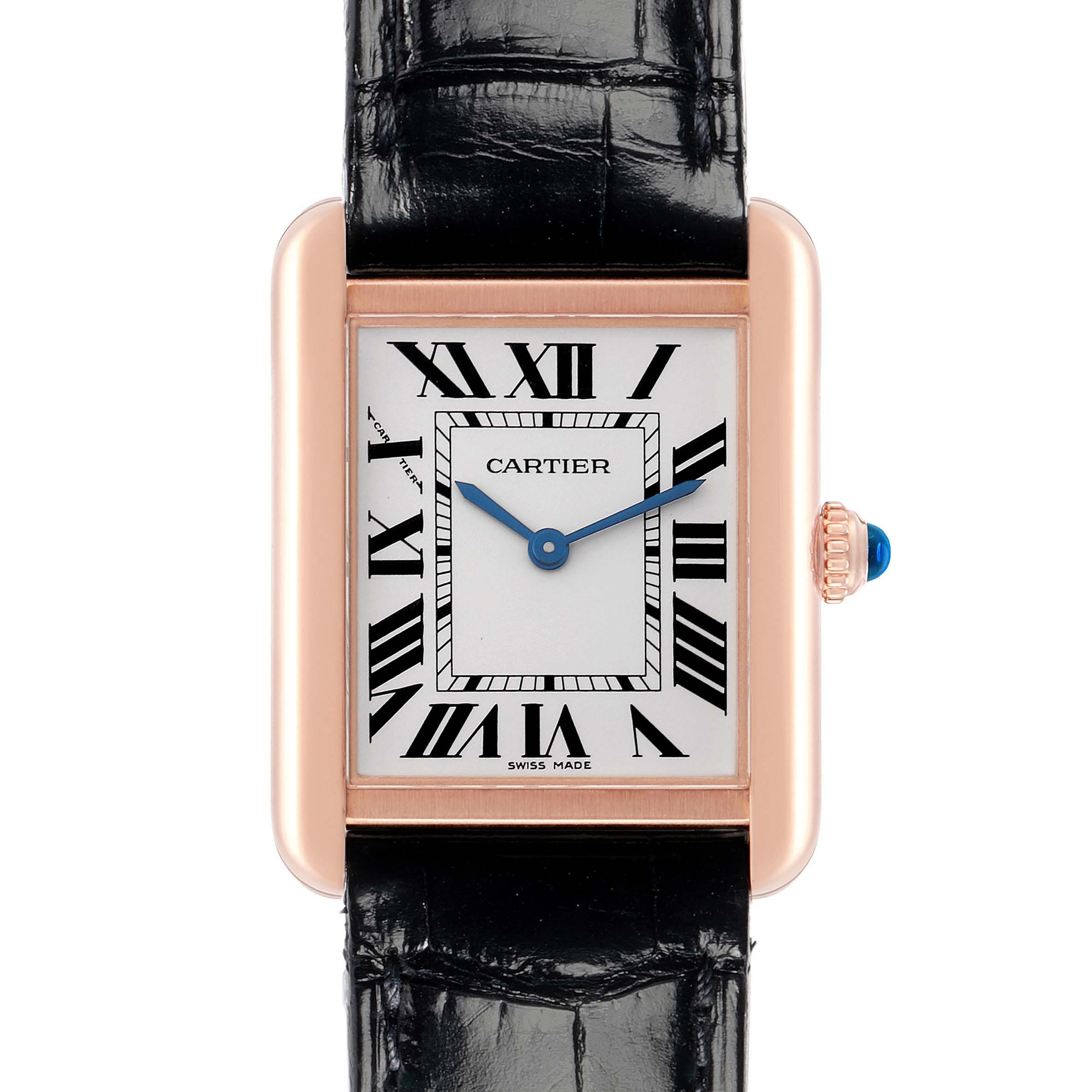 The Cartier Tank Solo W5200002 Women
s Rose Gold Silver Dial watch is shown from the front, highlighting the dial, Roman numerals, and leather strap.