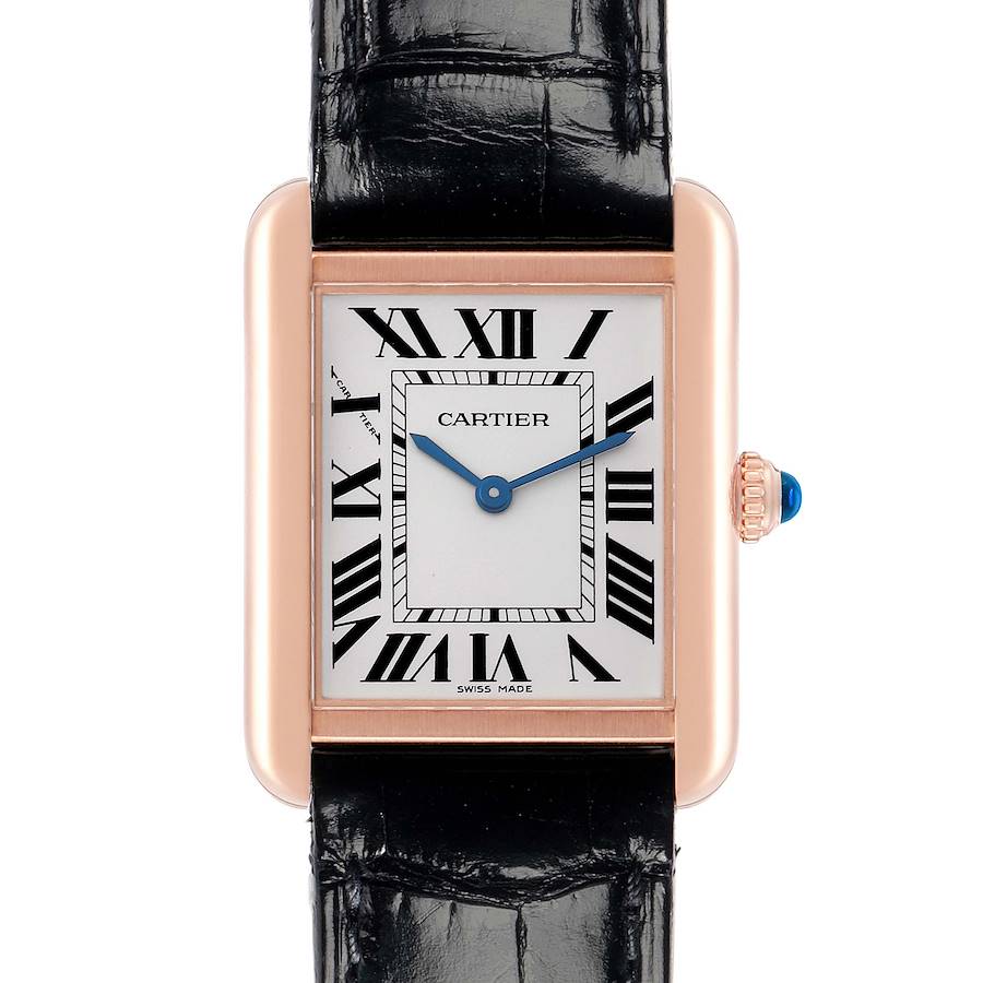 The Cartier Tank Solo W5200002 Women's Rose Gold Silver Dial watch is shown from the front, highlighting the dial, Roman numerals, and leather strap.
