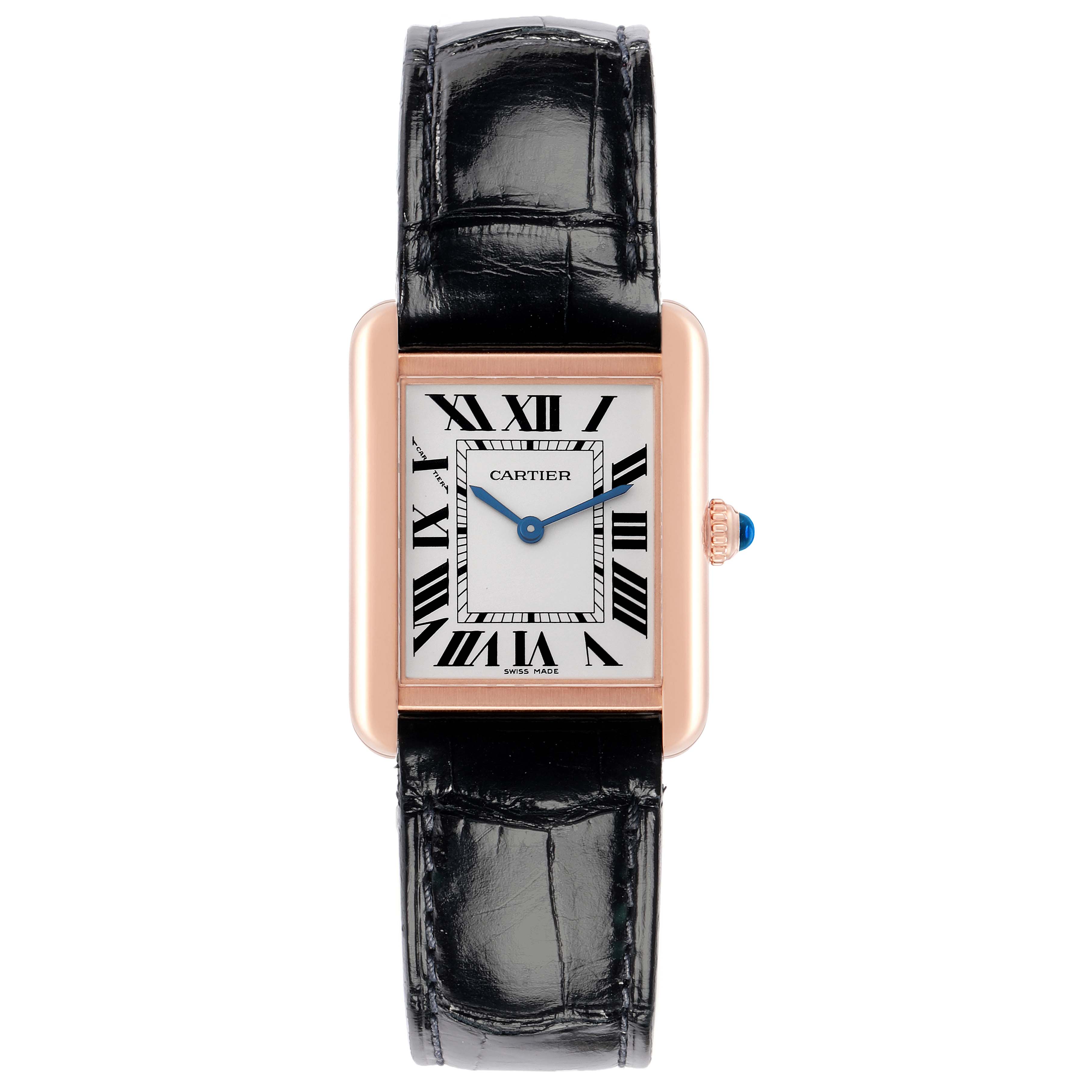 The image shows the Cartier Tank Solo W5200002 Women
s Rose Gold Silver Dial watch from a front angle, highlighting the face, strap, bezel, and crown.
