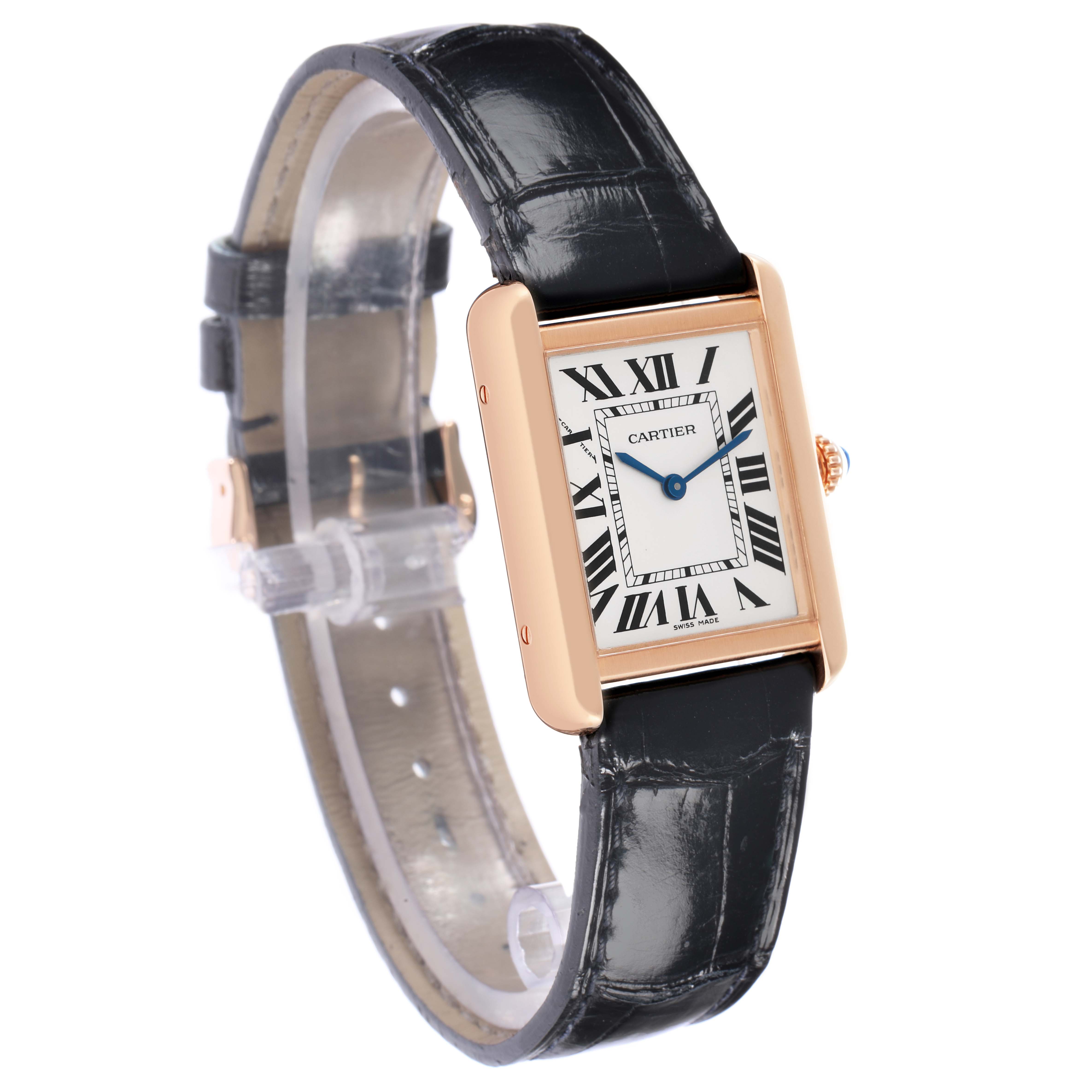 The Cartier Tank Solo W5200002 Women
s Rose Gold Silver Dial watch is shown at a slight angle, highlighting its rectangular case, dial, and black leather strap.