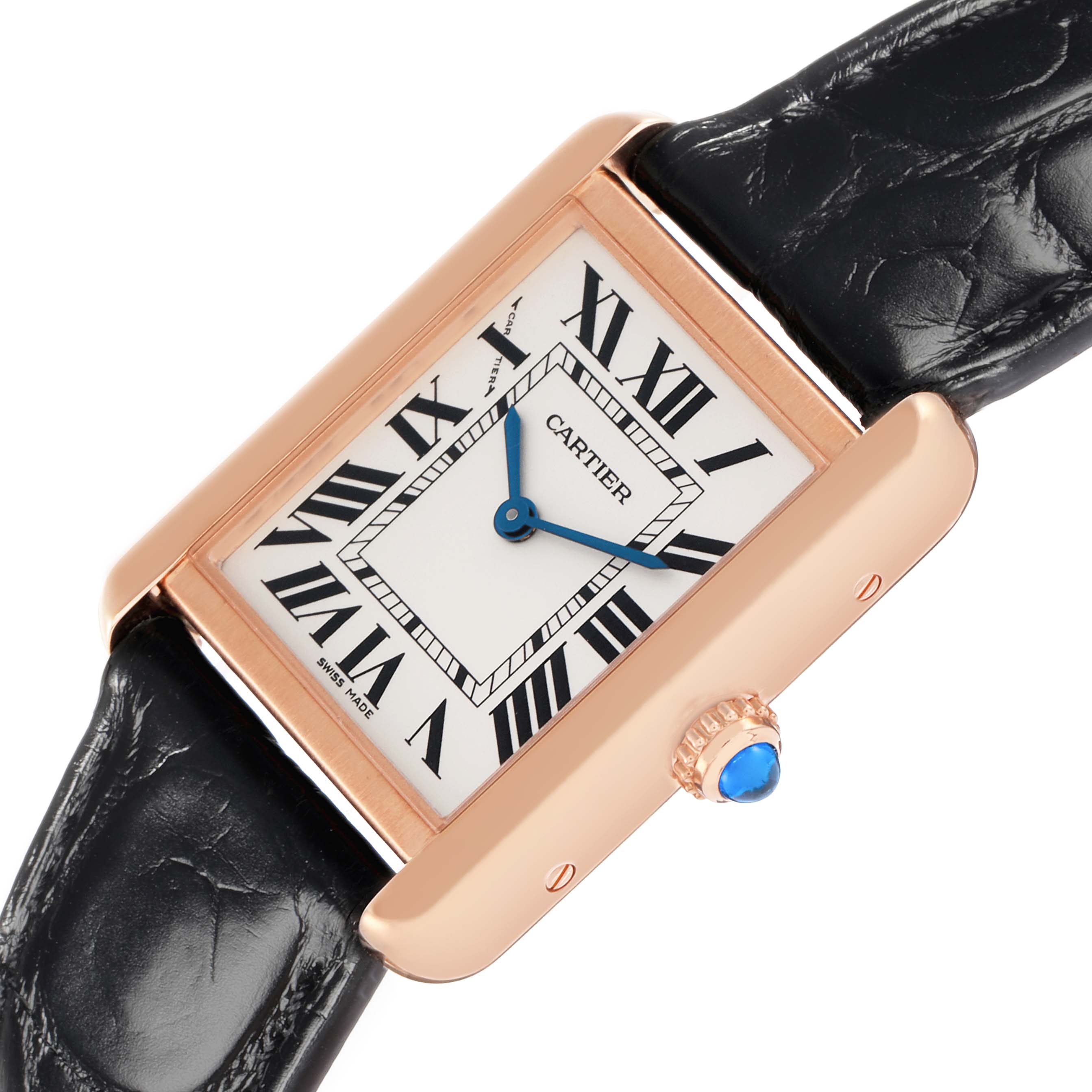 The Cartier Tank Solo W5200024 Women
s Rose Gold Silver Dial watch is shown from an angled front view, highlighting its rectangular face, Roman numerals, blue hands, and crown detail.