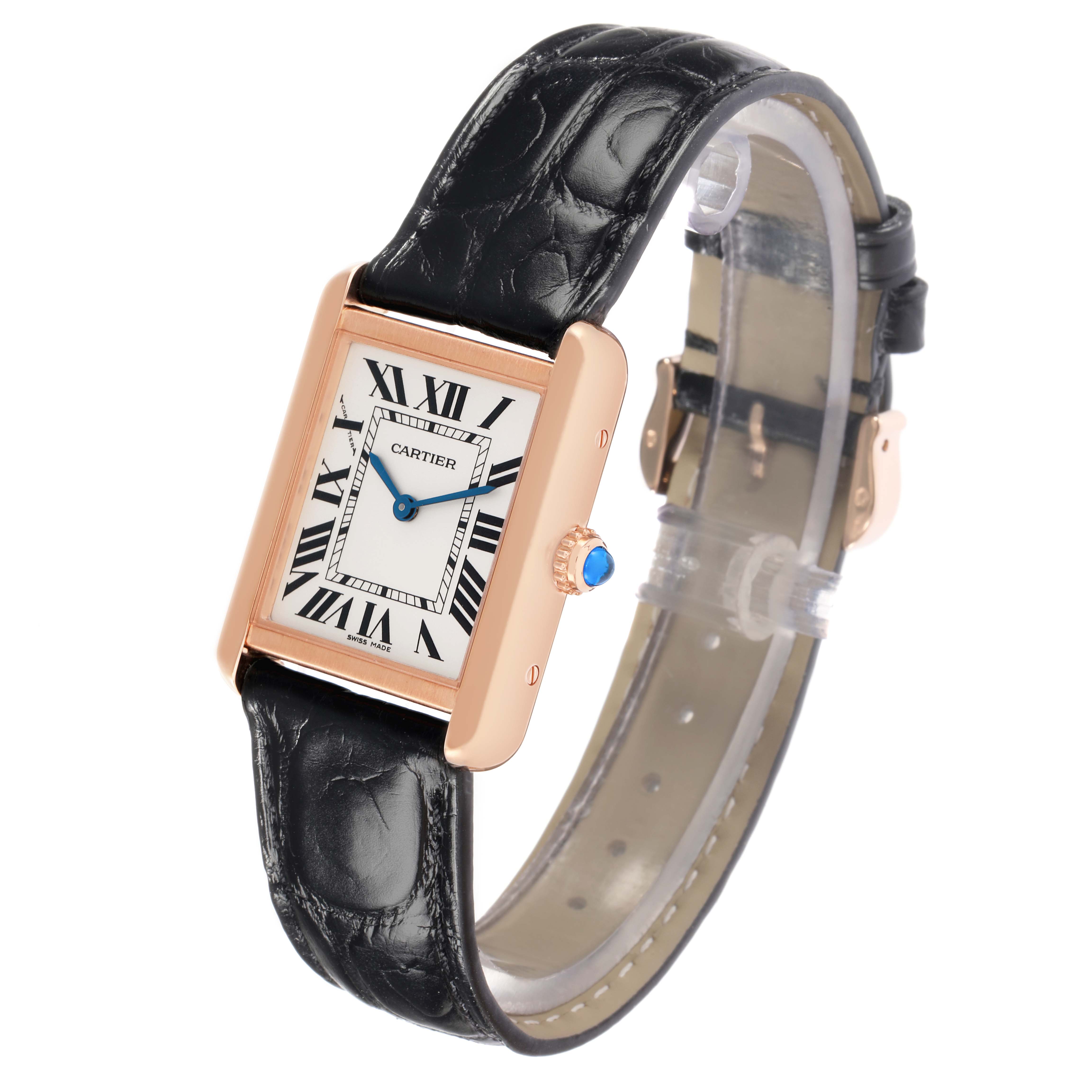 The Cartier Tank Solo W5200024 Women
s Rose Gold Silver Dial watch is shown at an angle displaying the face, crown, and partial band.