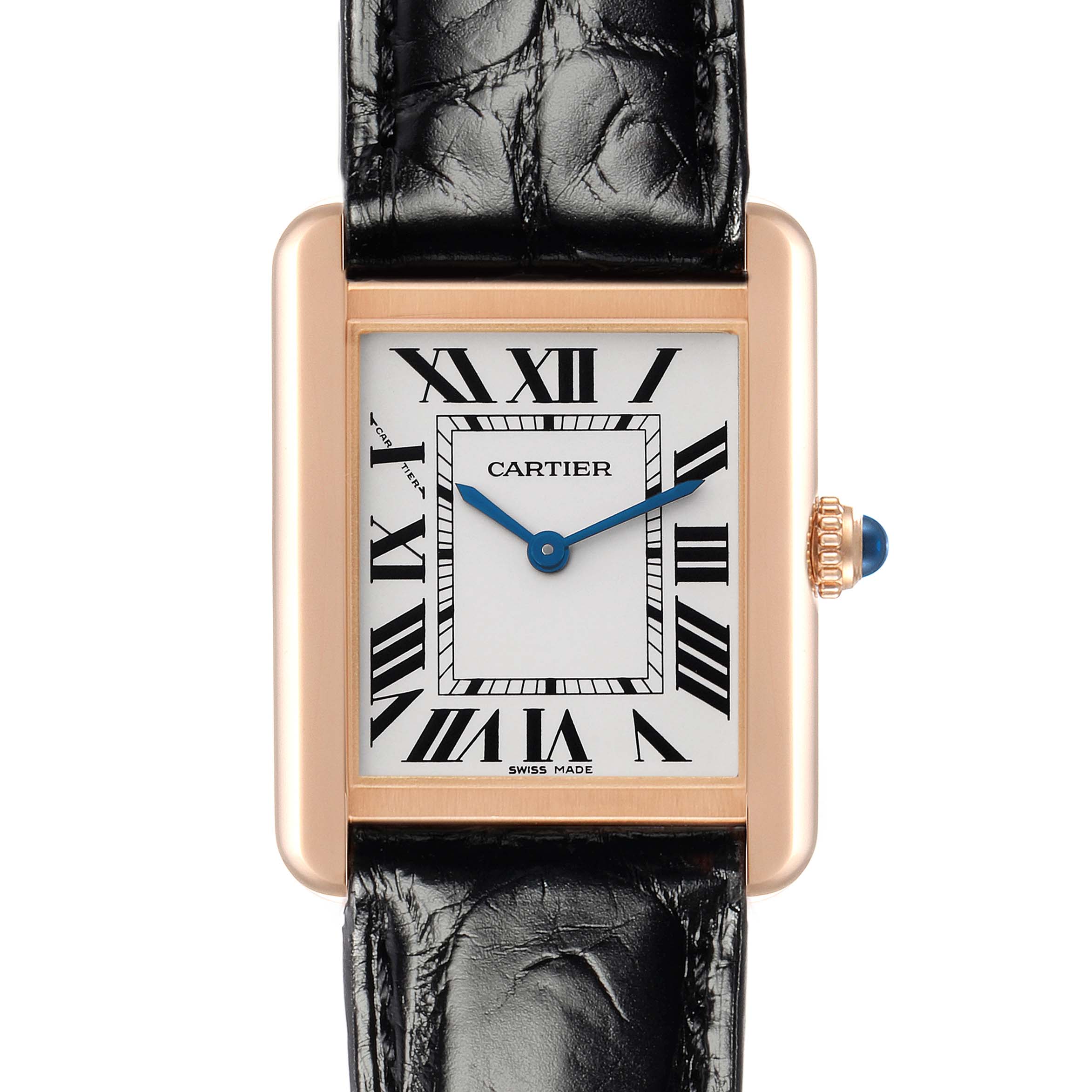 The Cartier Tank Solo W5200024 Women
s Rose Gold Silver Dial watch is shown from the front, highlighting the rectangular face, Roman numerals, and leather strap.