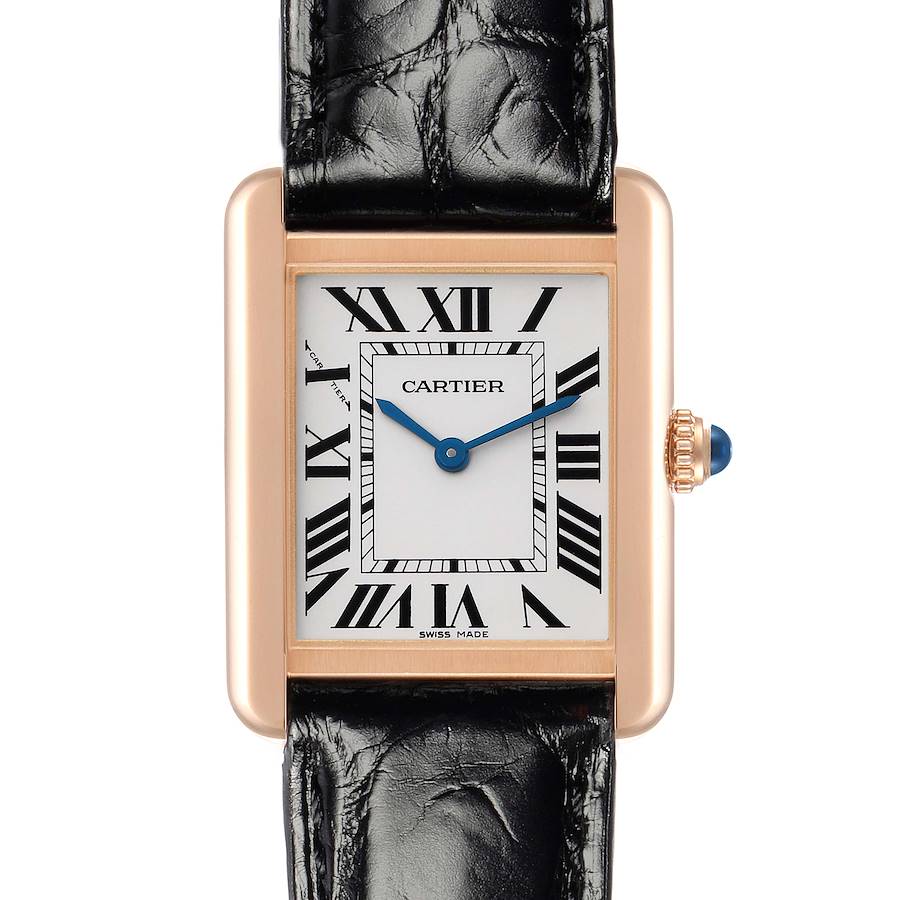 The Cartier Tank Solo W5200024 Women's Rose Gold Silver Dial watch is shown from the front, highlighting the rectangular face, Roman numerals, and leather strap.