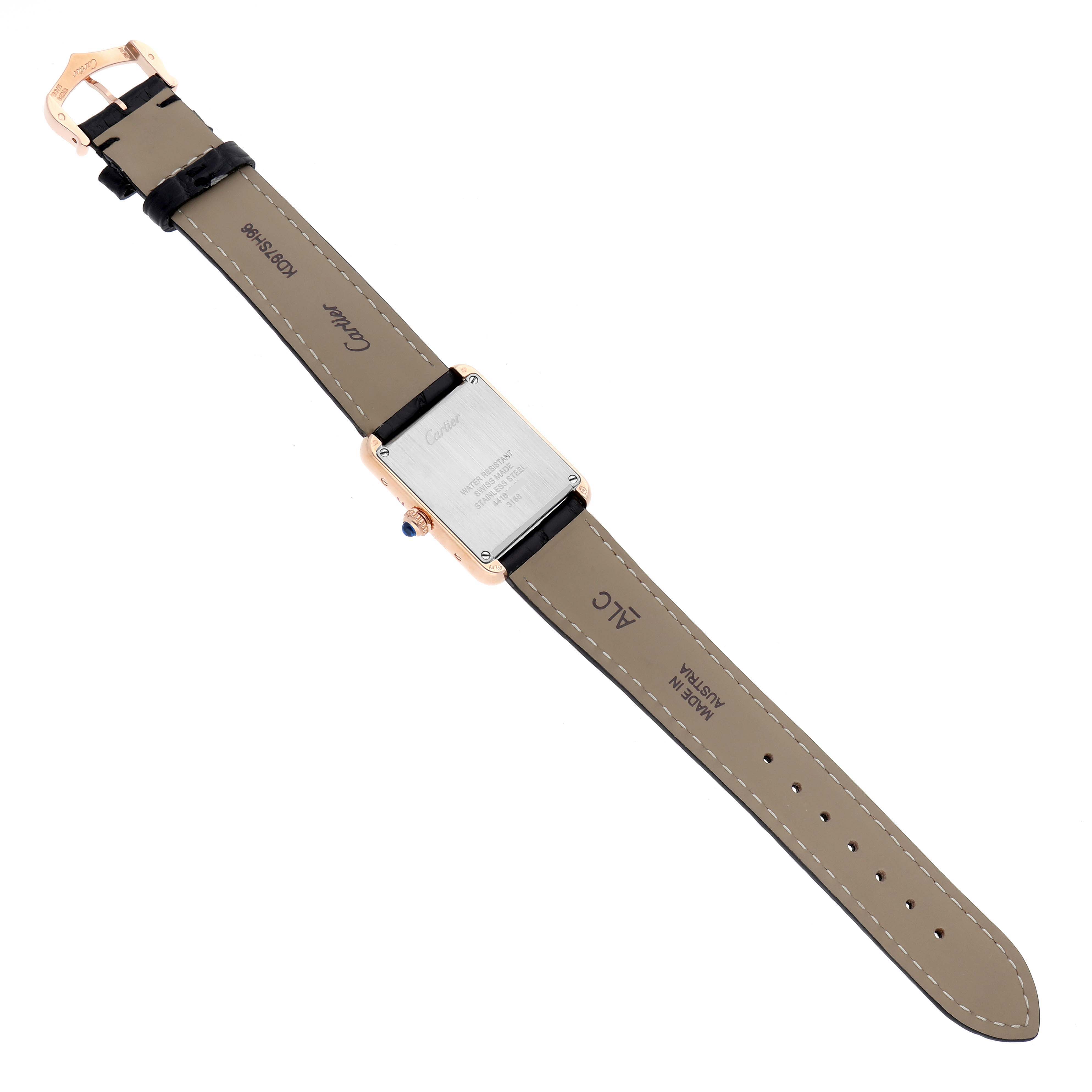 The image shows the backside of the Cartier Tank Solo W5200024 Women
s Rose Gold Silver Dial watch, highlighting the case back, strap, and buckle.