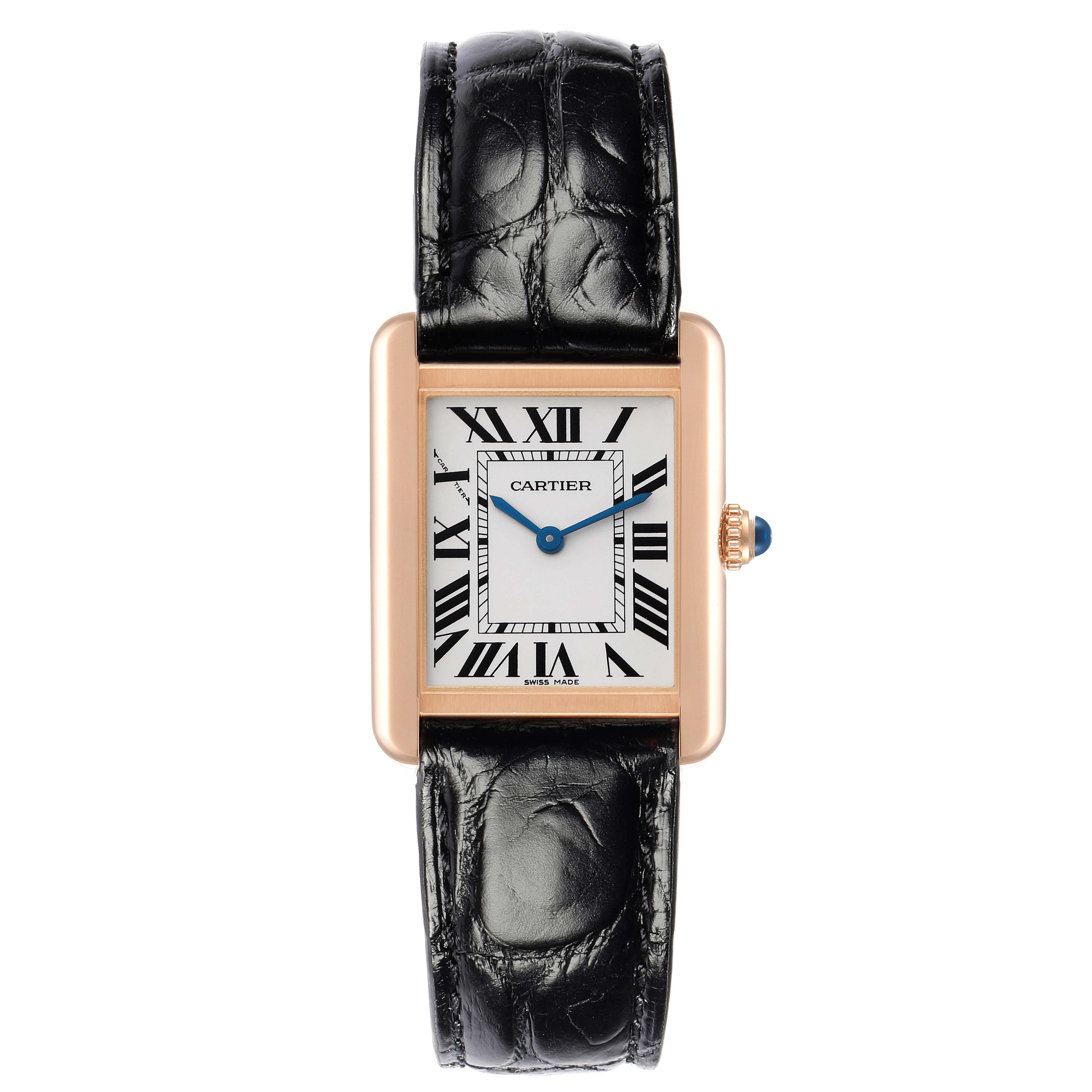 The Cartier Tank Solo W5200024 Women
s Rose Gold Silver Dial watch is shown from a front view, displaying its rectangular face, Roman numerals, and leather strap.