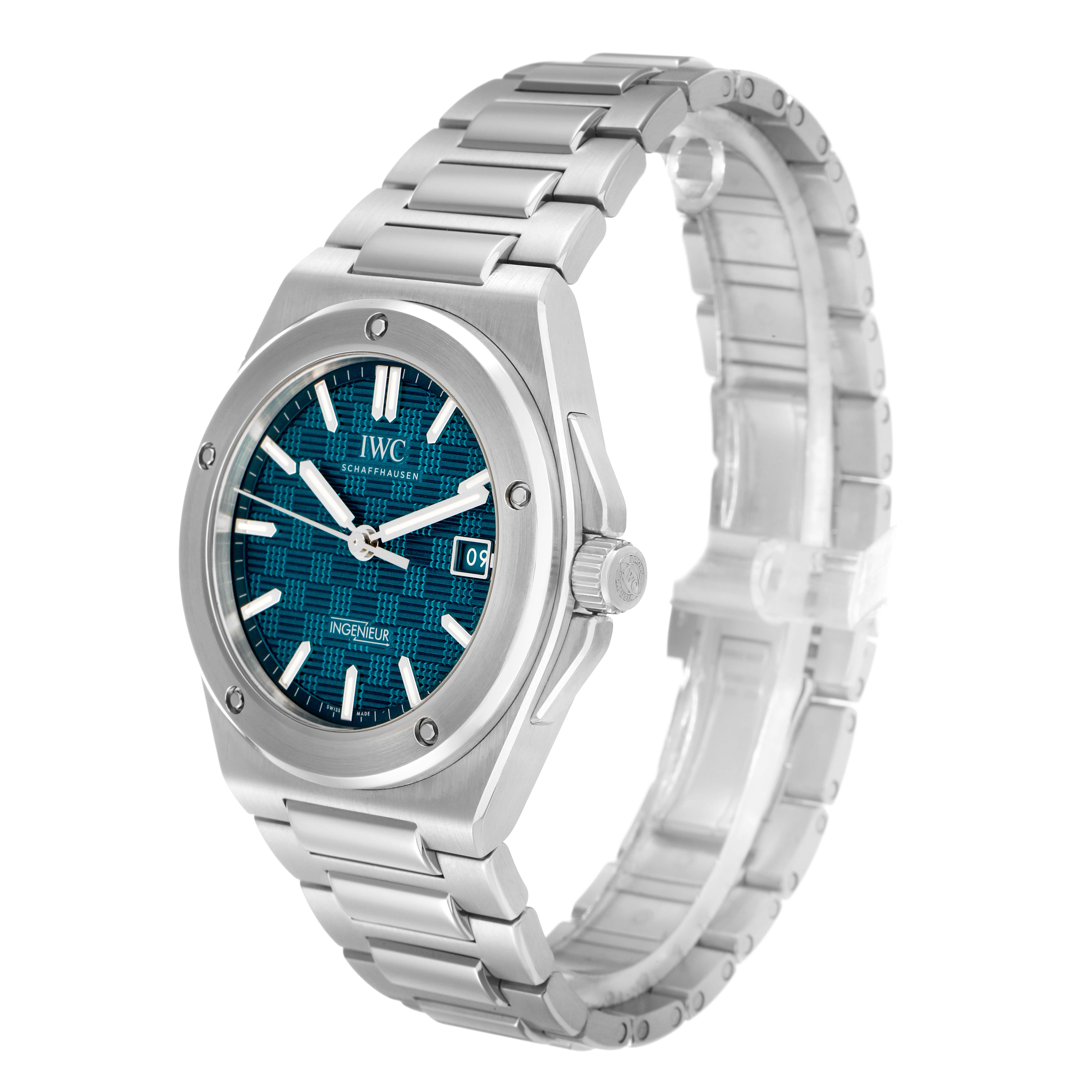 The IWC Ingenieur IW328903 Men
s Stainless Steel Blue Dial watch is shown at a three-quarter angle, highlighting the face, bezel, and bracelet details.