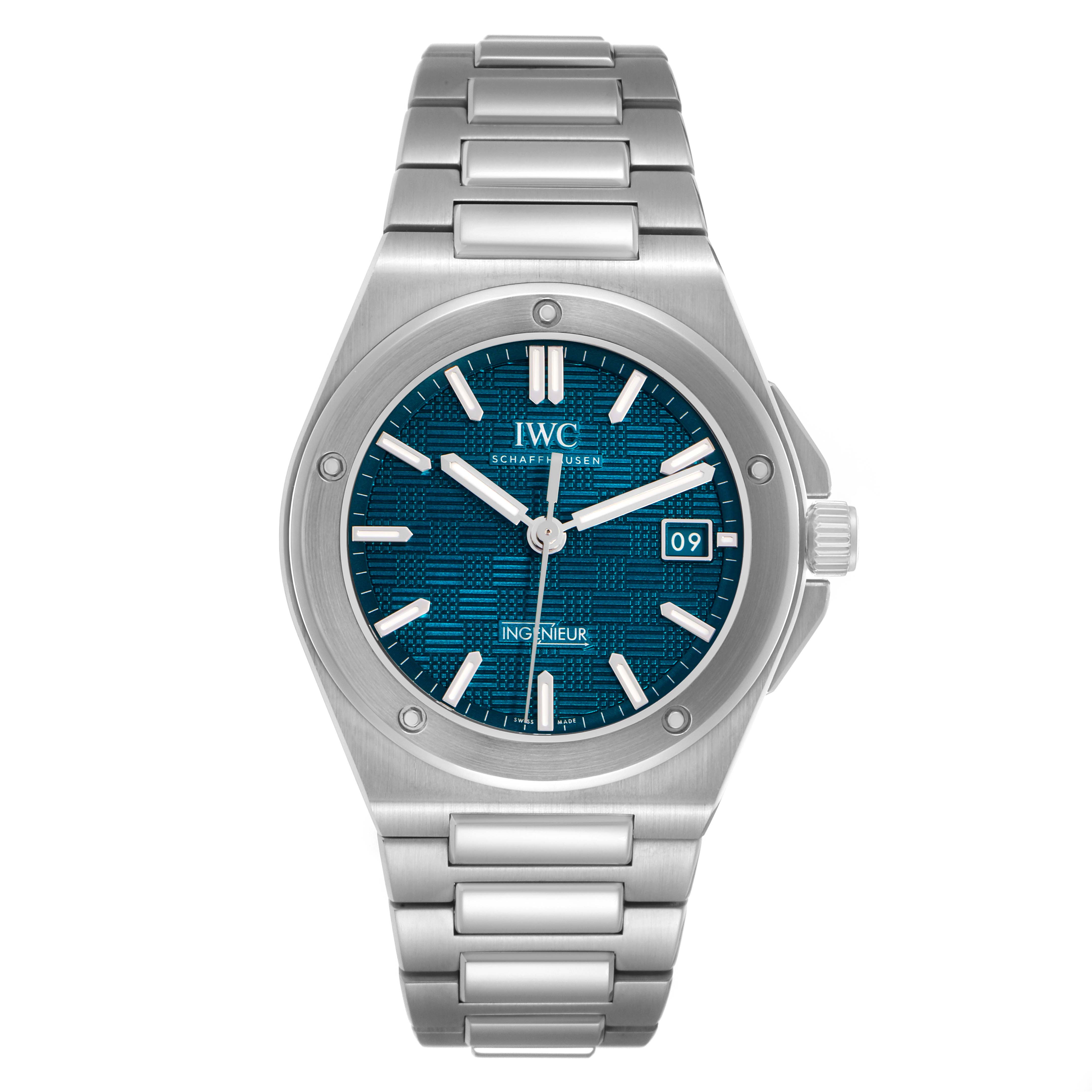 The IWC Ingenieur IW328903 Men
s Stainless Steel Blue Dial watch is shown from a front angle, highlighting its face, bezel, hands, and bracelet.