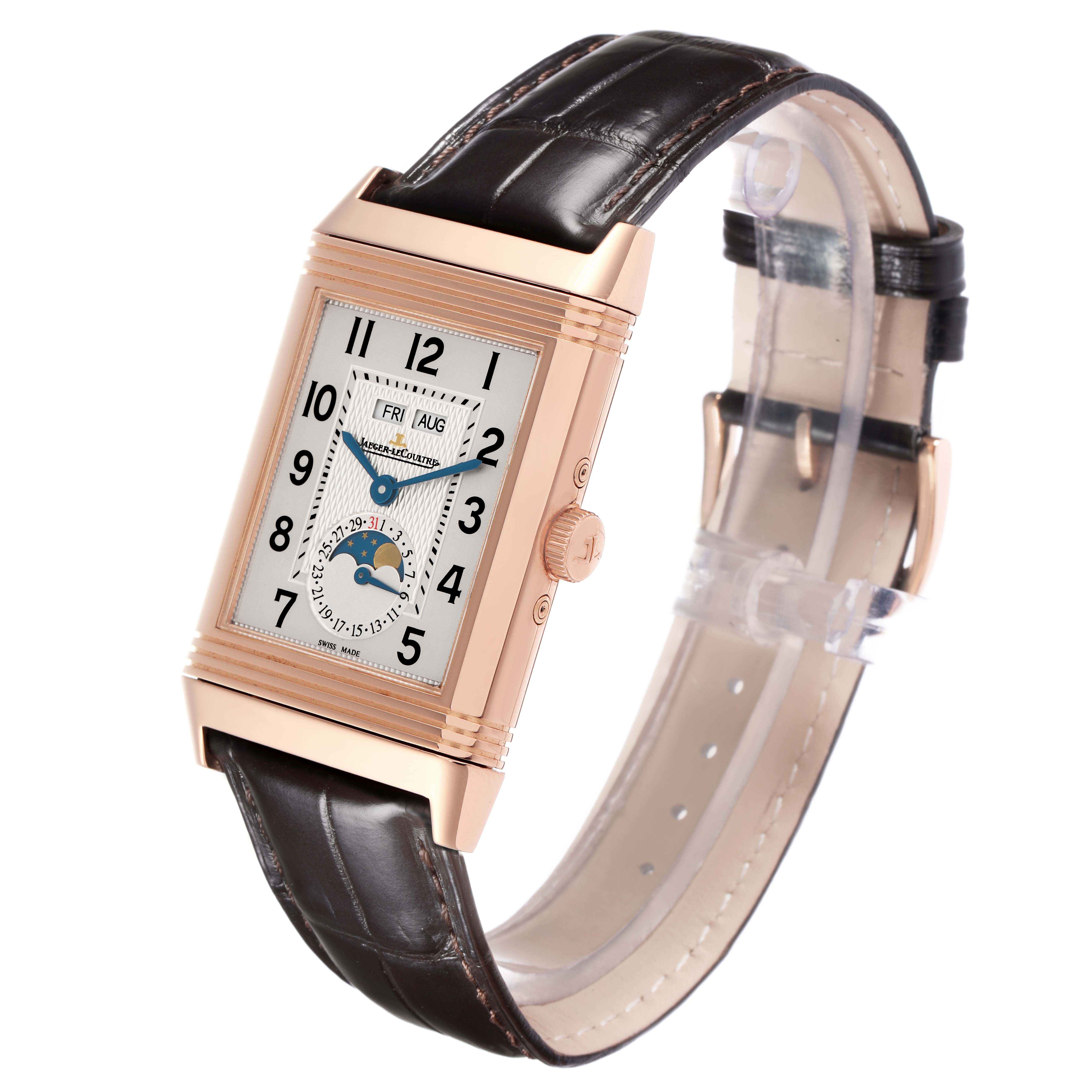 The Jaeger-LeCoultre Reverso watch is shown from a front and side angle, displaying its face, strap, and side crown.