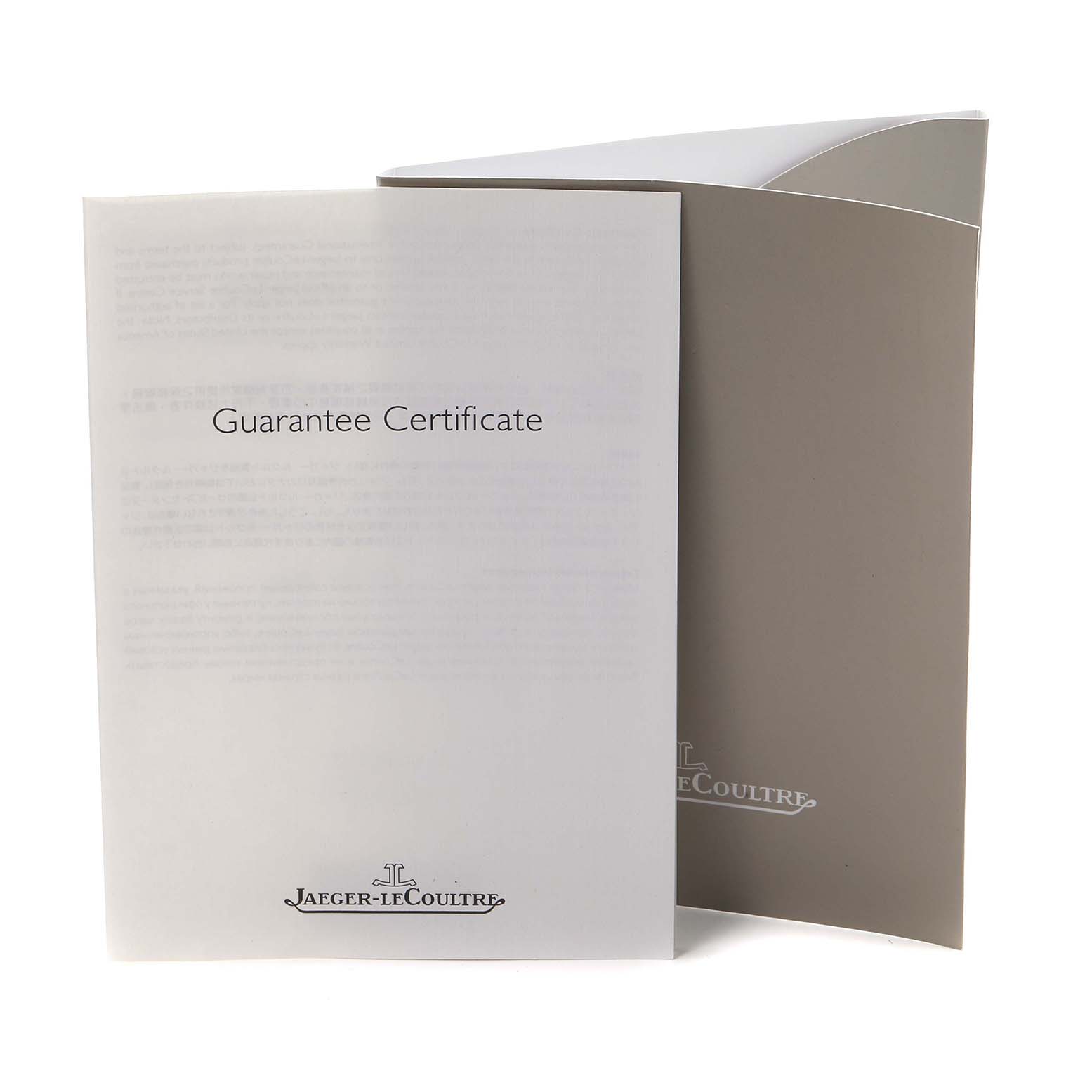 The image shows the guarantee certificate and packaging for a Jaeger LeCoultre Reverso Q3752520 Men's Rose Gold Silver Dial watch.