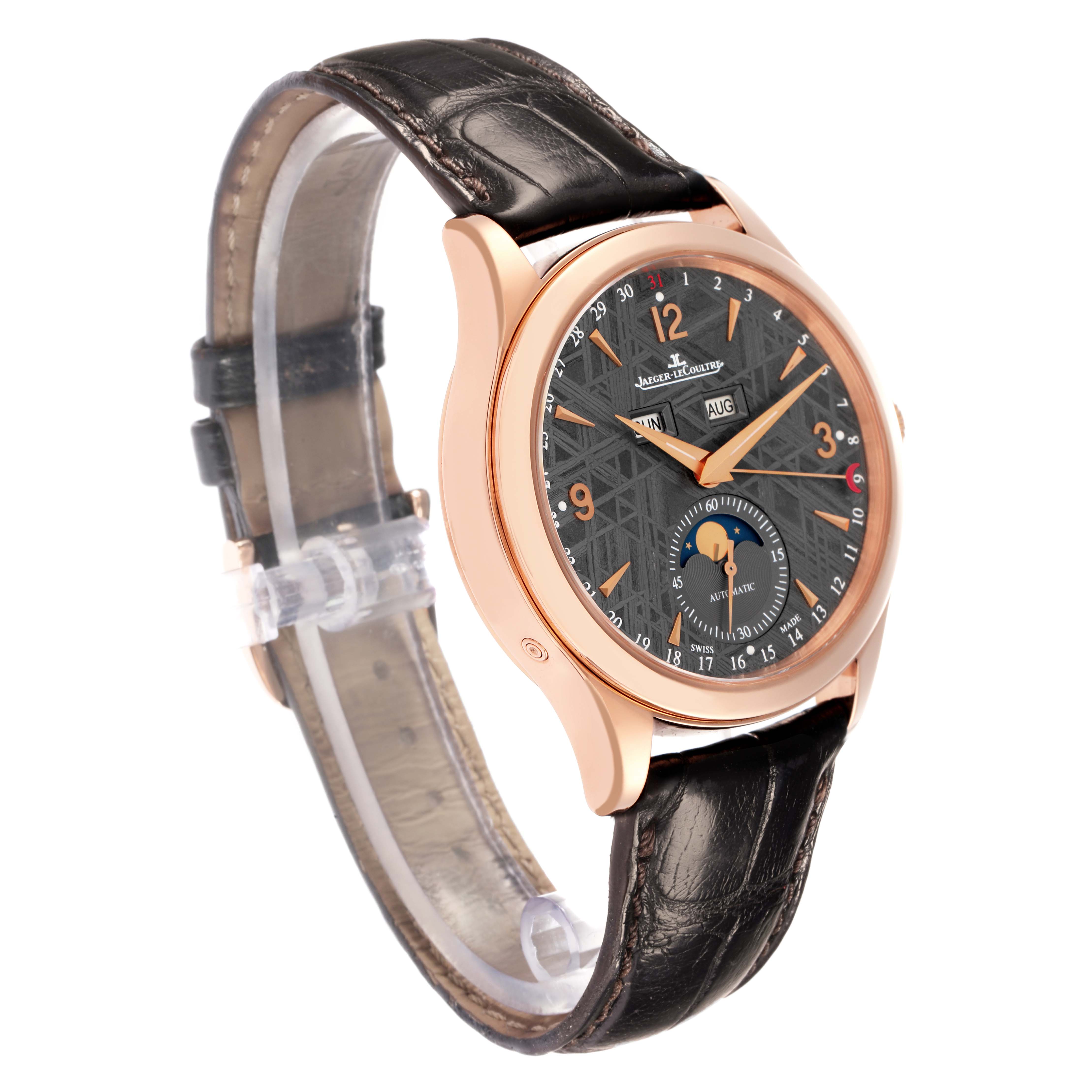 The Jaeger-LeCoultre Master model watch is shown at a three-quarter angle, highlighting the case, dial, and strap.