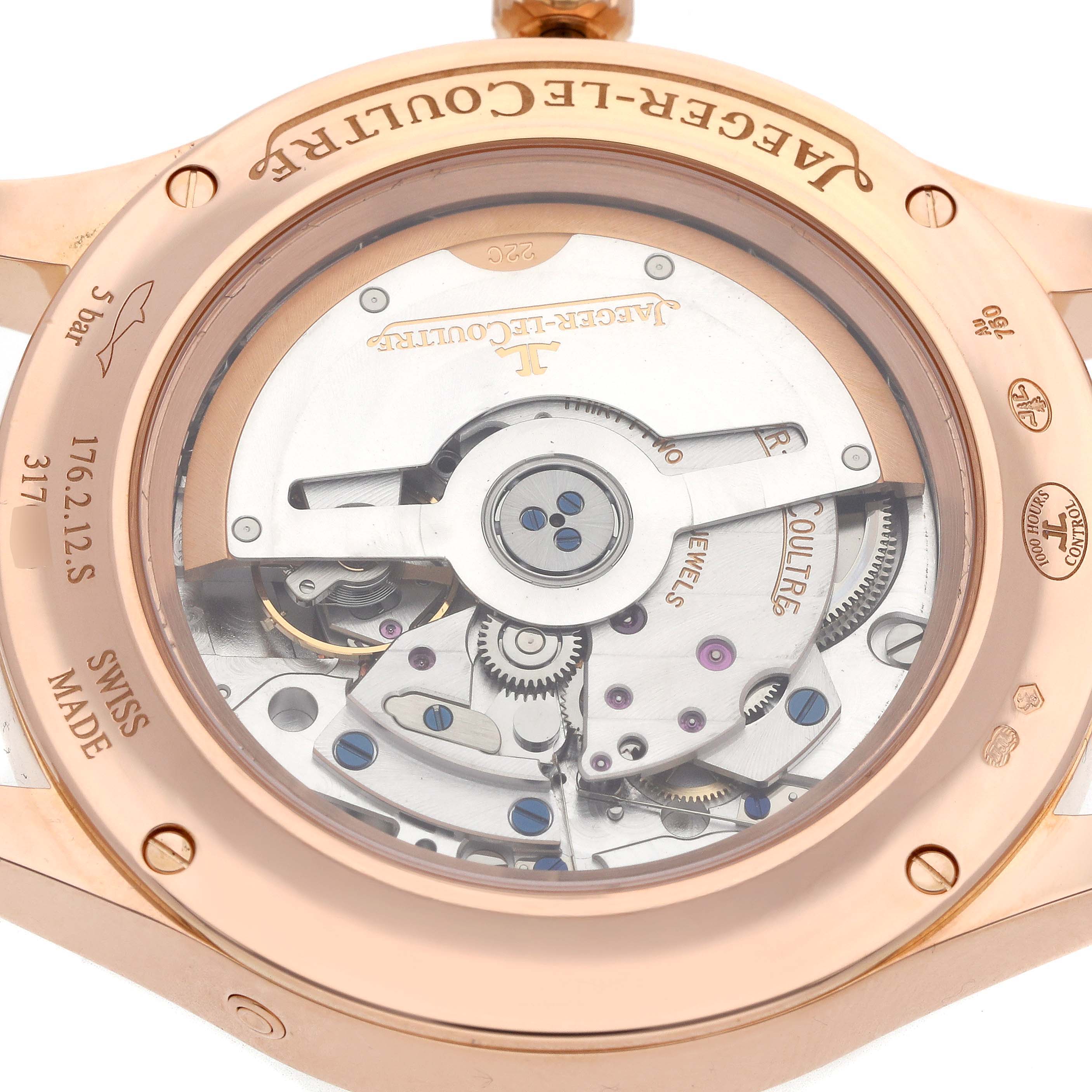 The image shows the back angle of a Jaeger LeCoultre Master Q1552540 Men's Rose Gold Grey Dial model, highlighting the intricate movement mechanism.