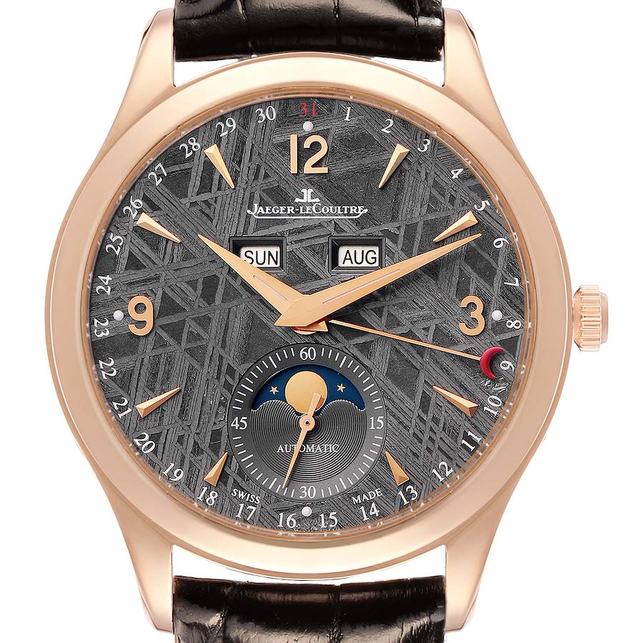 The Jaeger LeCoultre Master Q1552540 Men's Rose Gold Grey Dial watch is shown from the front, highlighting its dial, day-date window, and moon phase indicator.