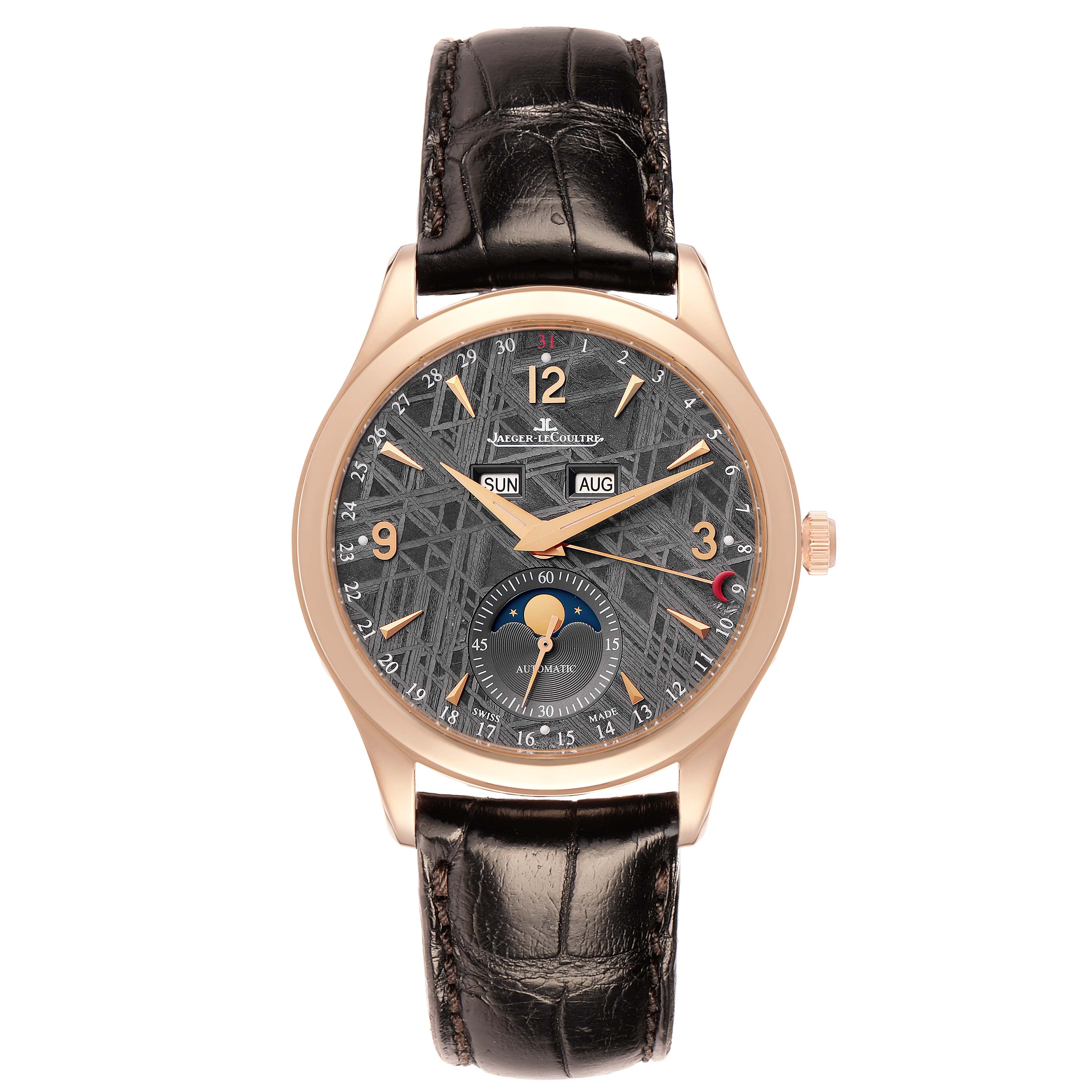The Jaeger LeCoultre Master Q1552540 Men's Rose Gold Grey Dial watch is shown from a top-down angle, featuring its dial, numerals, sub-dials, and leather strap.