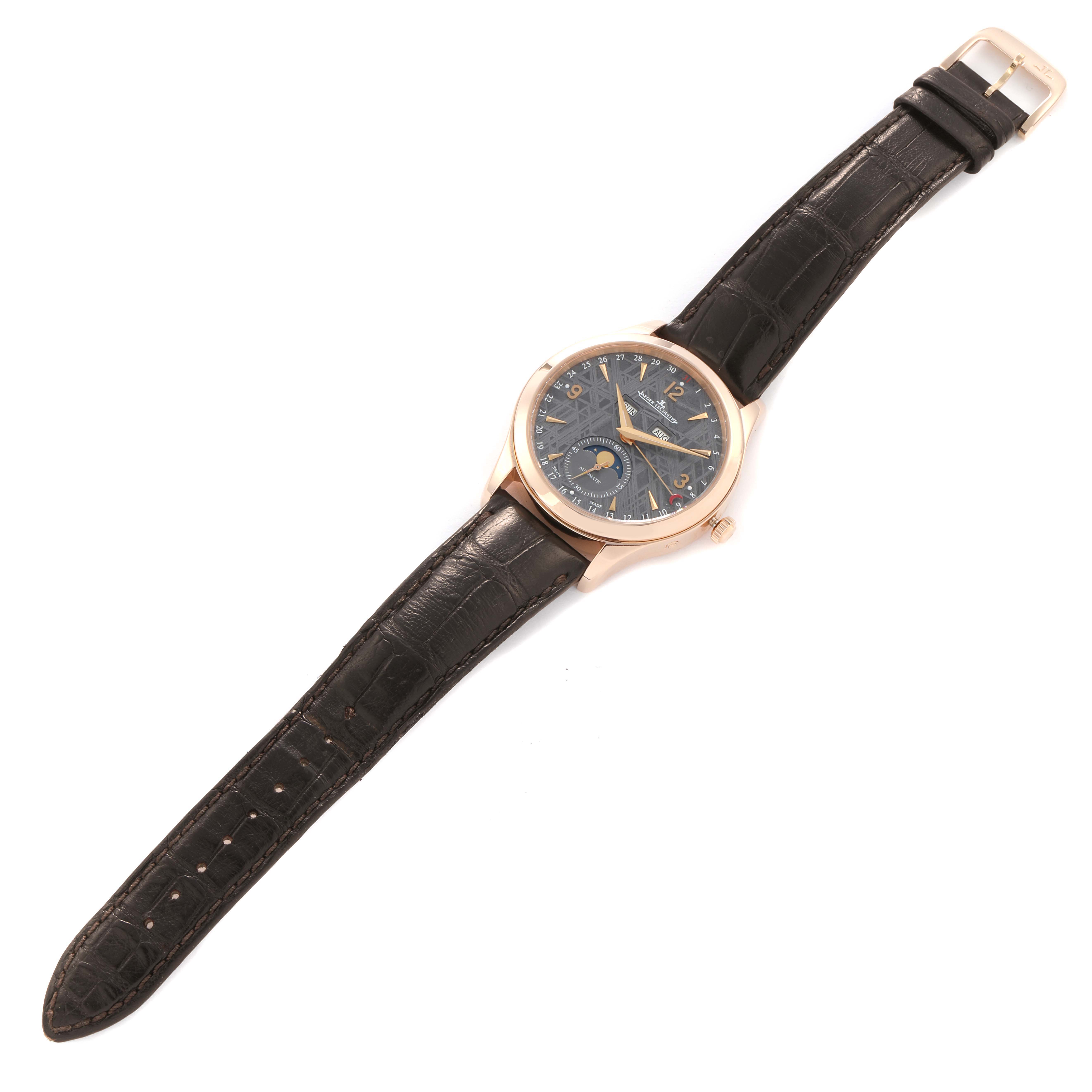 The Jaeger LeCoultre Master Q1552540 Men's Rose Gold Grey Dial watch is shown from a top-down angle, displaying the dial and entire leather strap clearly.