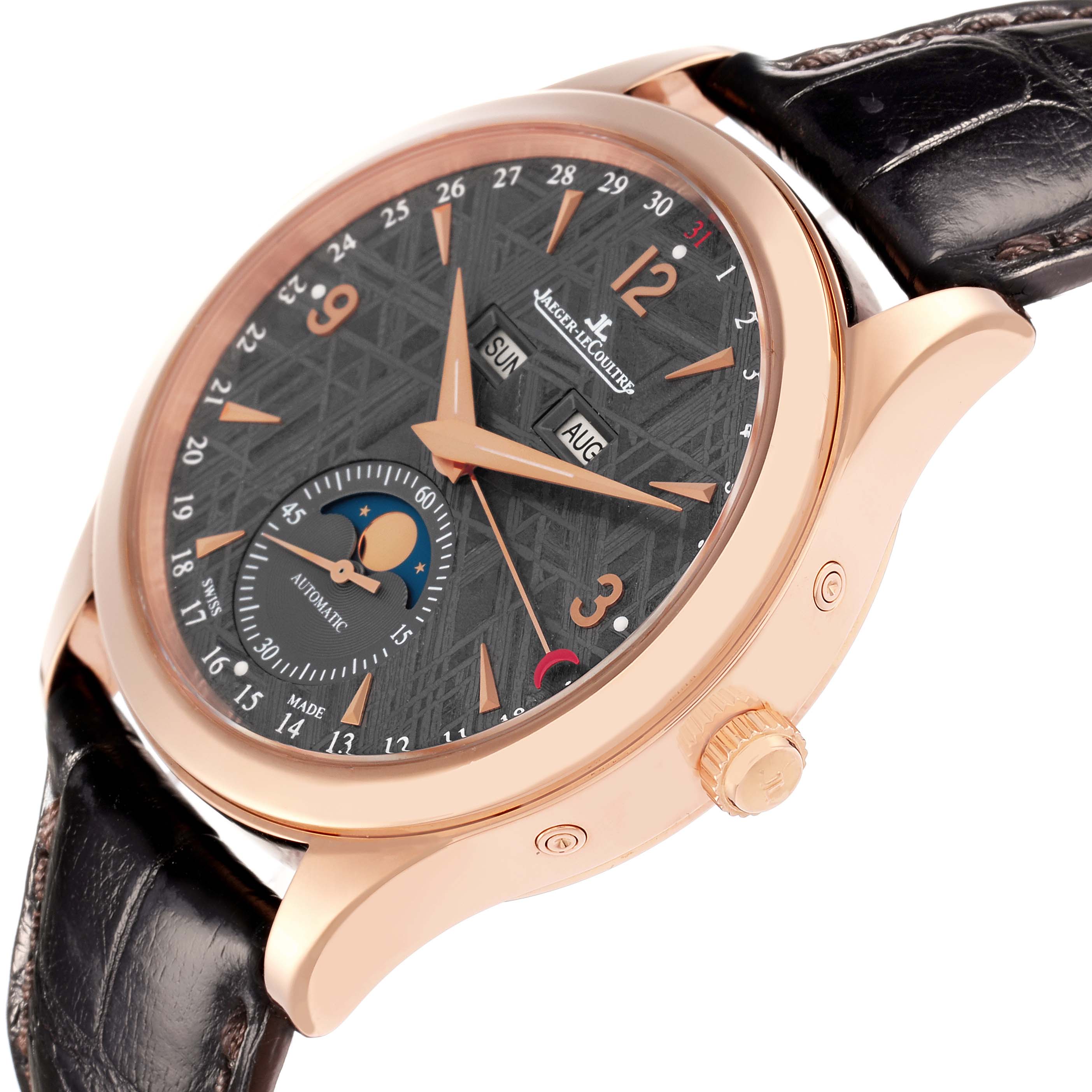 The Jaeger LeCoultre Master Q1552540 Men's Rose Gold Grey Dial watch is shown at an angled close-up, displaying the dial, moon phase, calendar, and leather strap.