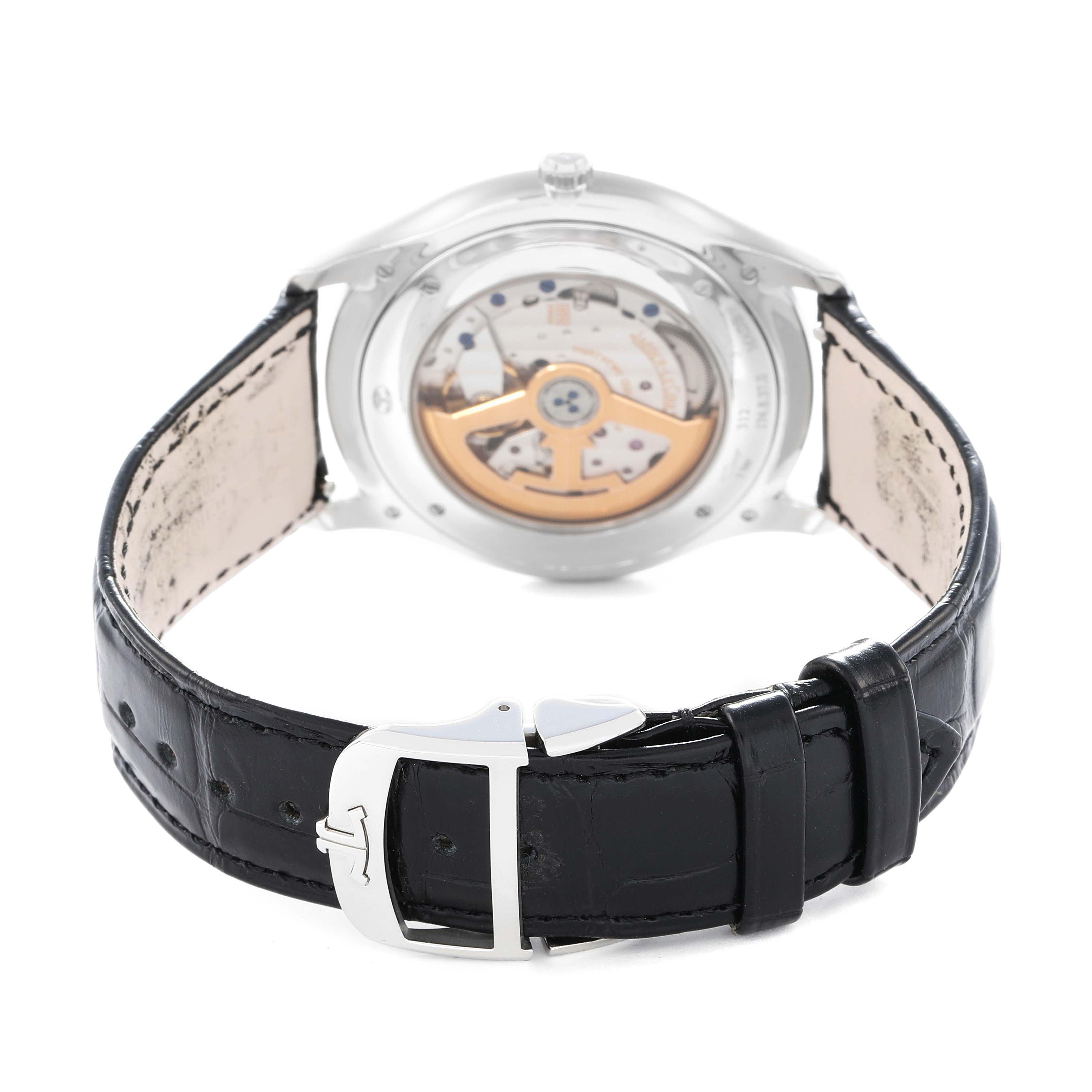 The Jaeger LeCoultre Master 174.8.37.S Q1288430 Men's Stainless Steel Champagne Dial watch is shown from the back, highlighting the movement and black leather strap with a clasp.