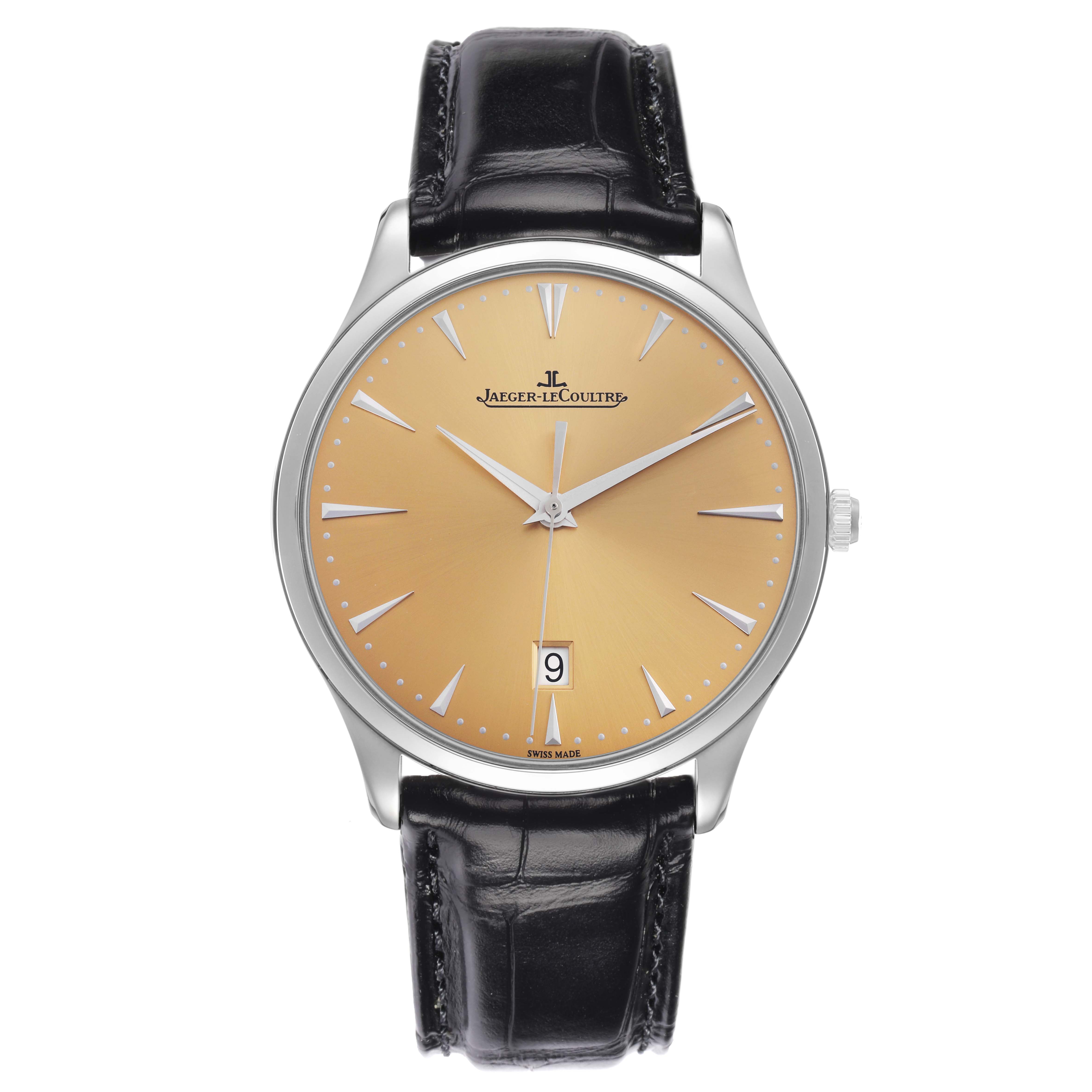 The Jaeger LeCoultre Master 174.8.37.S Q1288430 Men's Stainless Steel Champagne Dial watch is shown from the front, highlighting the dial, hands, date, and leather strap.