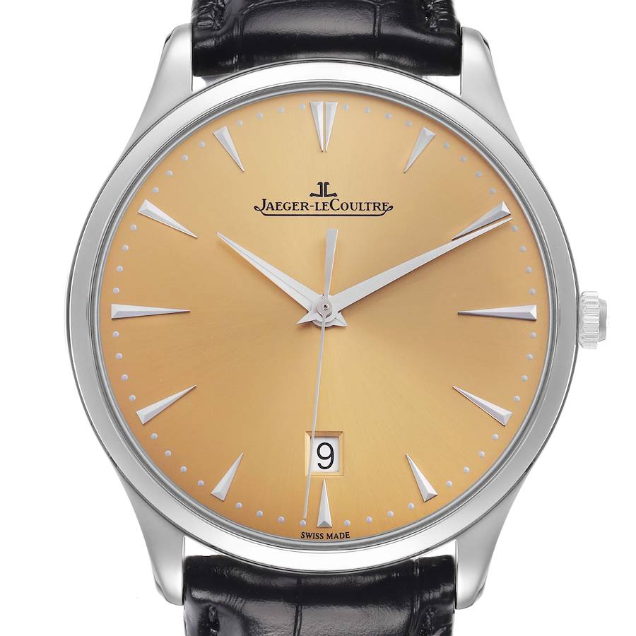 This Jaeger-LeCoultre Master model watch is shown from the front, displaying the gold dial, hour markers, hands, and date window.