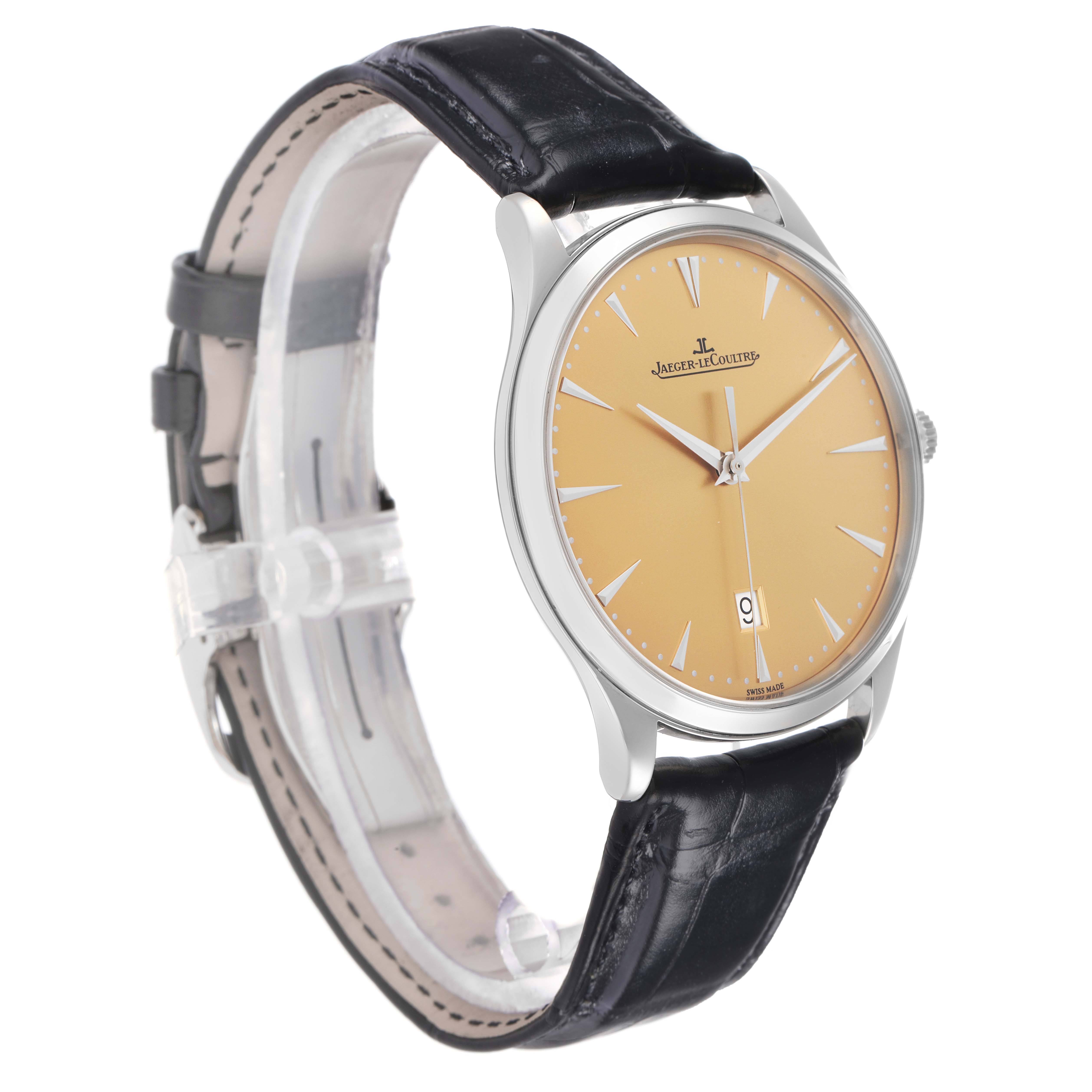 The Jaeger-LeCoultre Master watch is shown at an angle highlighting the face, side profile, and black leather strap.