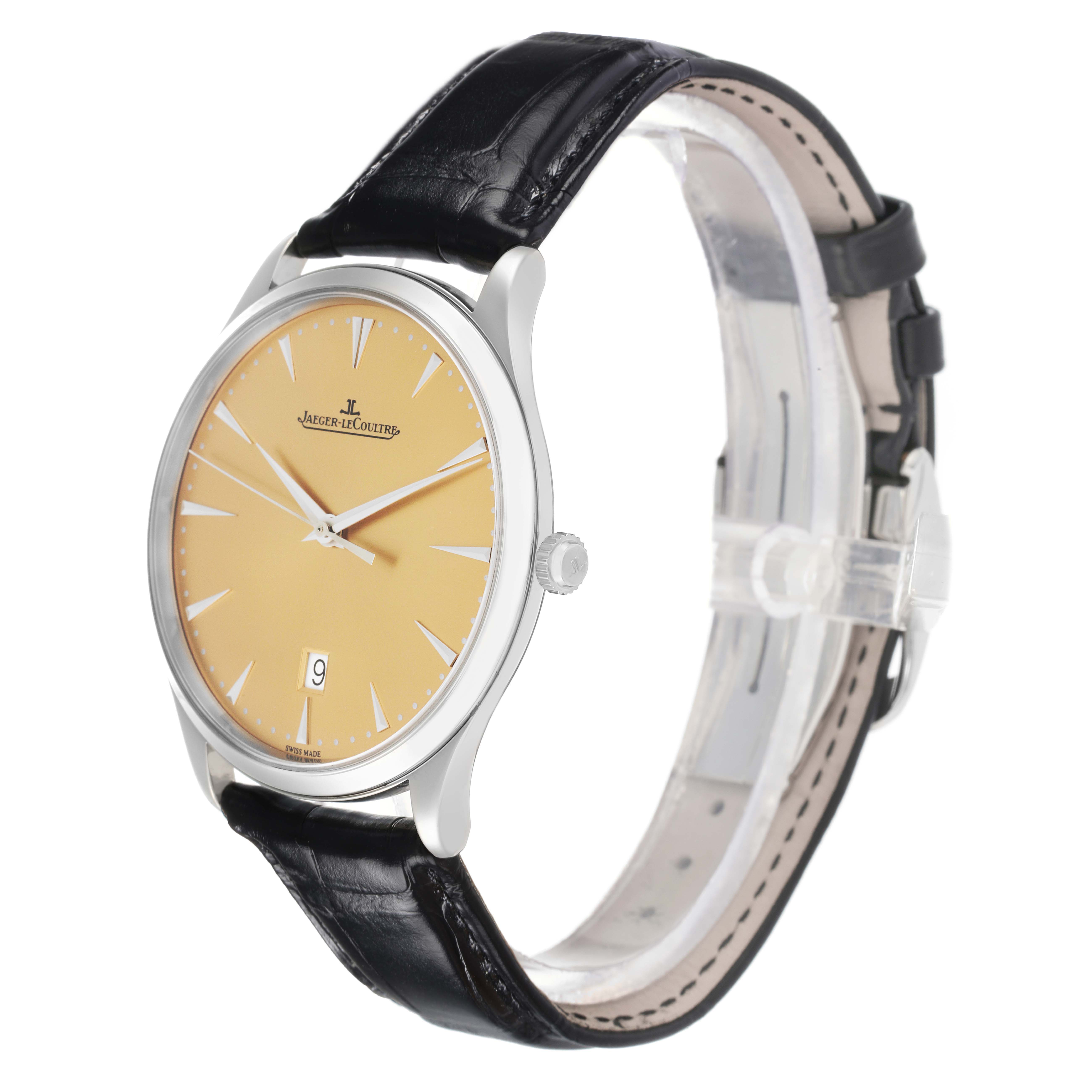 The Jaeger LeCoultre Master 174.8.37.S Q1288430 Men's Stainless Steel Champagne Dial watch is shown at an angled side view, highlighting the dial, case, and leather strap.