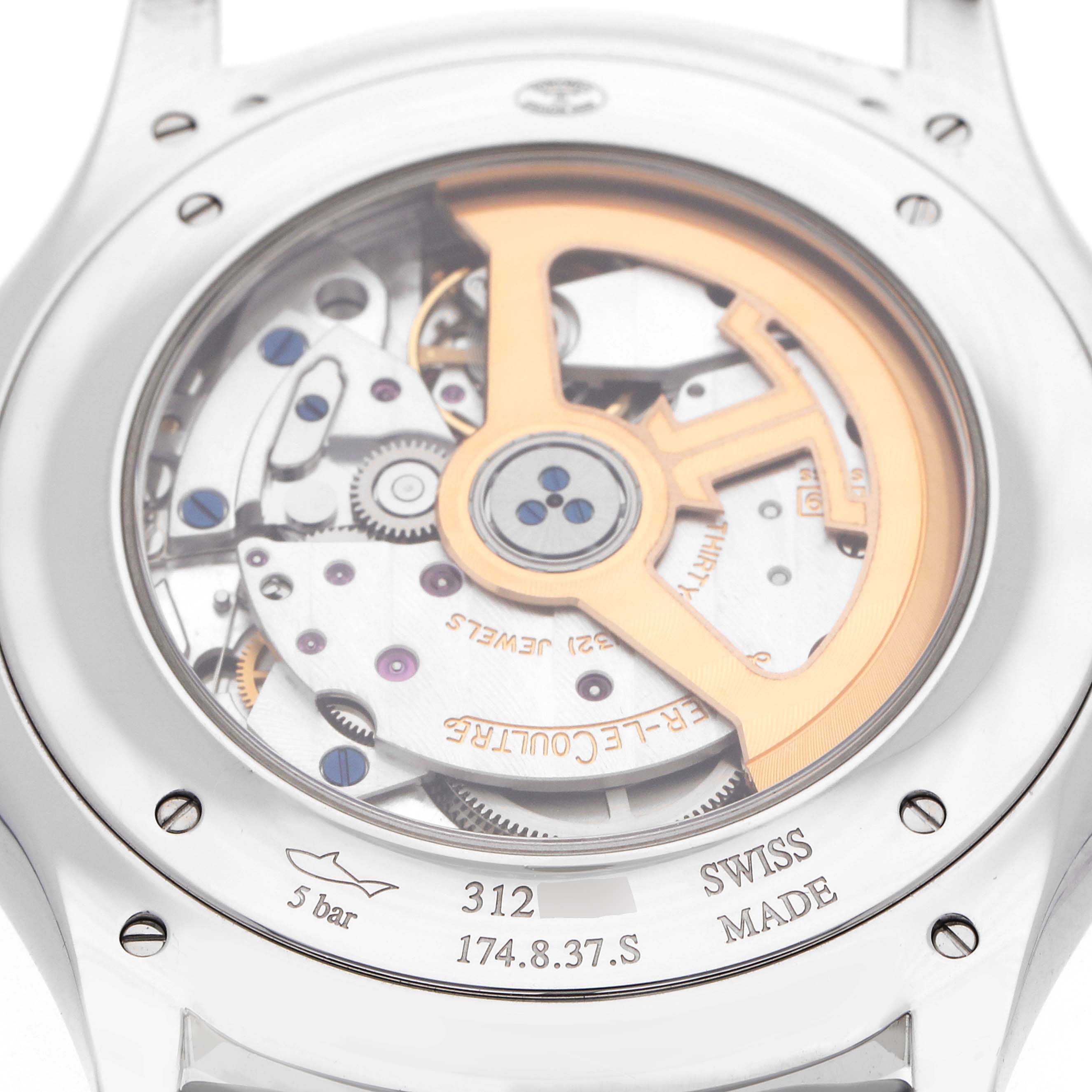 The image shows the back of a Jaeger LeCoultre Master 174.8.37.S Q1288430 Men's Stainless Steel Champagne Dial model, highlighting the movement and rotor.