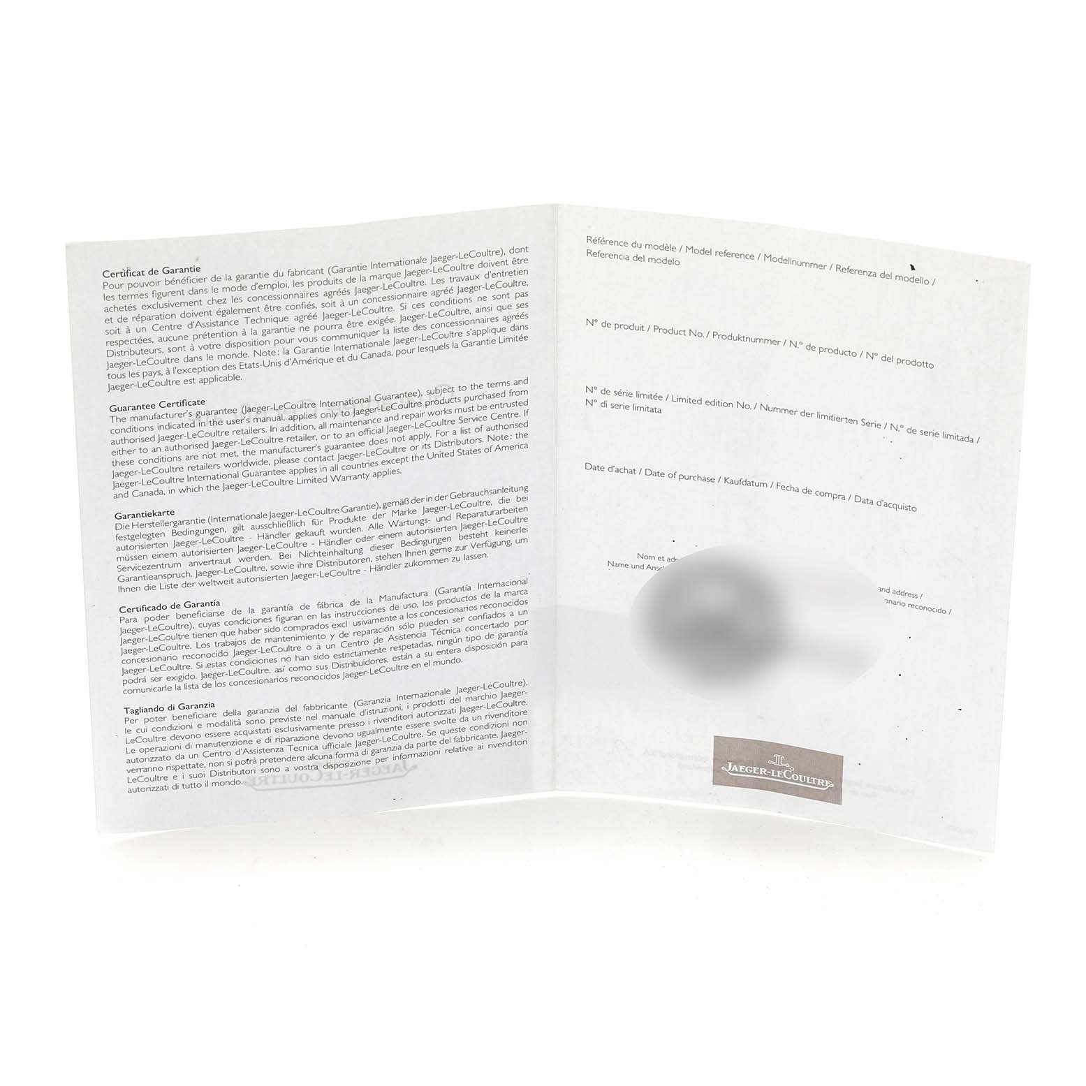 The image shows the warranty certificate booklet open, featuring text regarding the Jaeger LeCoultre Master 174.8.37.S Q1288430 Men's Stainless Steel Champagne Dial model.