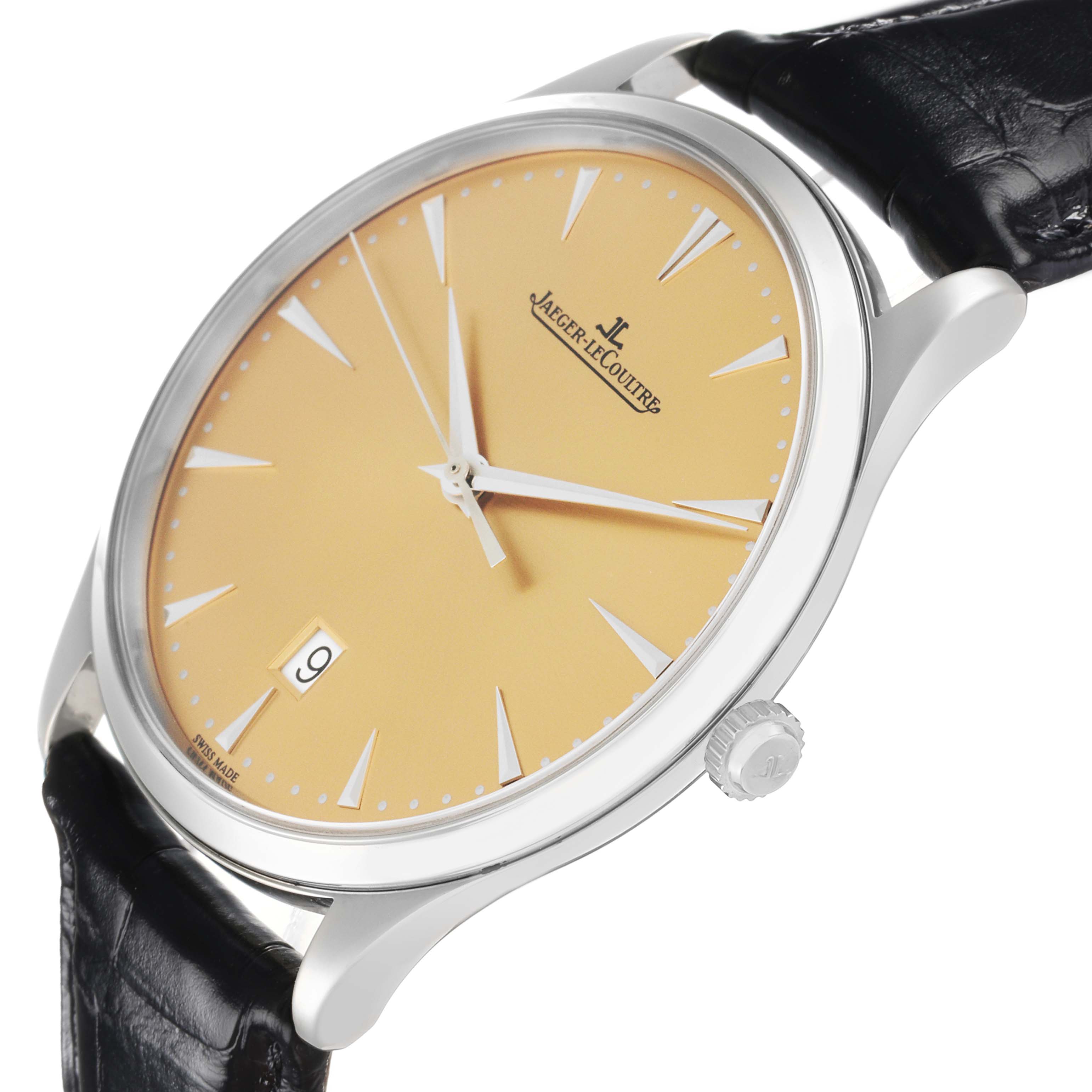 The Jaeger LeCoultre Master 174.8.37.S Q1288430 Men's Stainless Steel Champagne Dial model watch is shown at a slight side angle, displaying the dial, crown, and part of the leather strap.