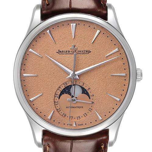 The Jaeger LeCoultre Master Q1368460 Men's Stainless Steel Brown Dial watch is shown from the front, displaying the face, hands, moonphase, and part of the leather strap.