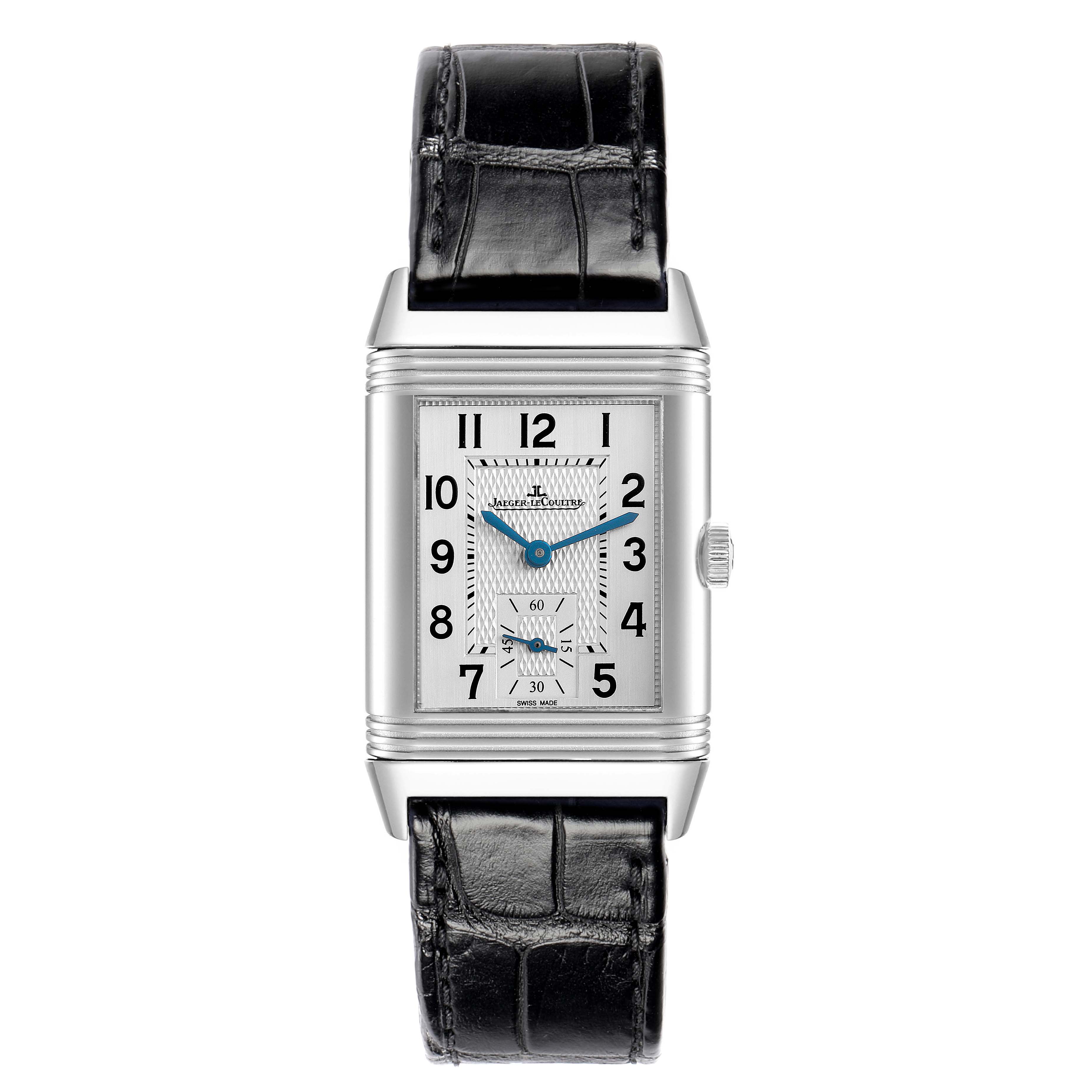 The Jaeger LeCoultre Reverso Q2458420 Men's Stainless Steel Silver Dial watch is shown from a front angle, highlighting the rectangular dial and leather strap.