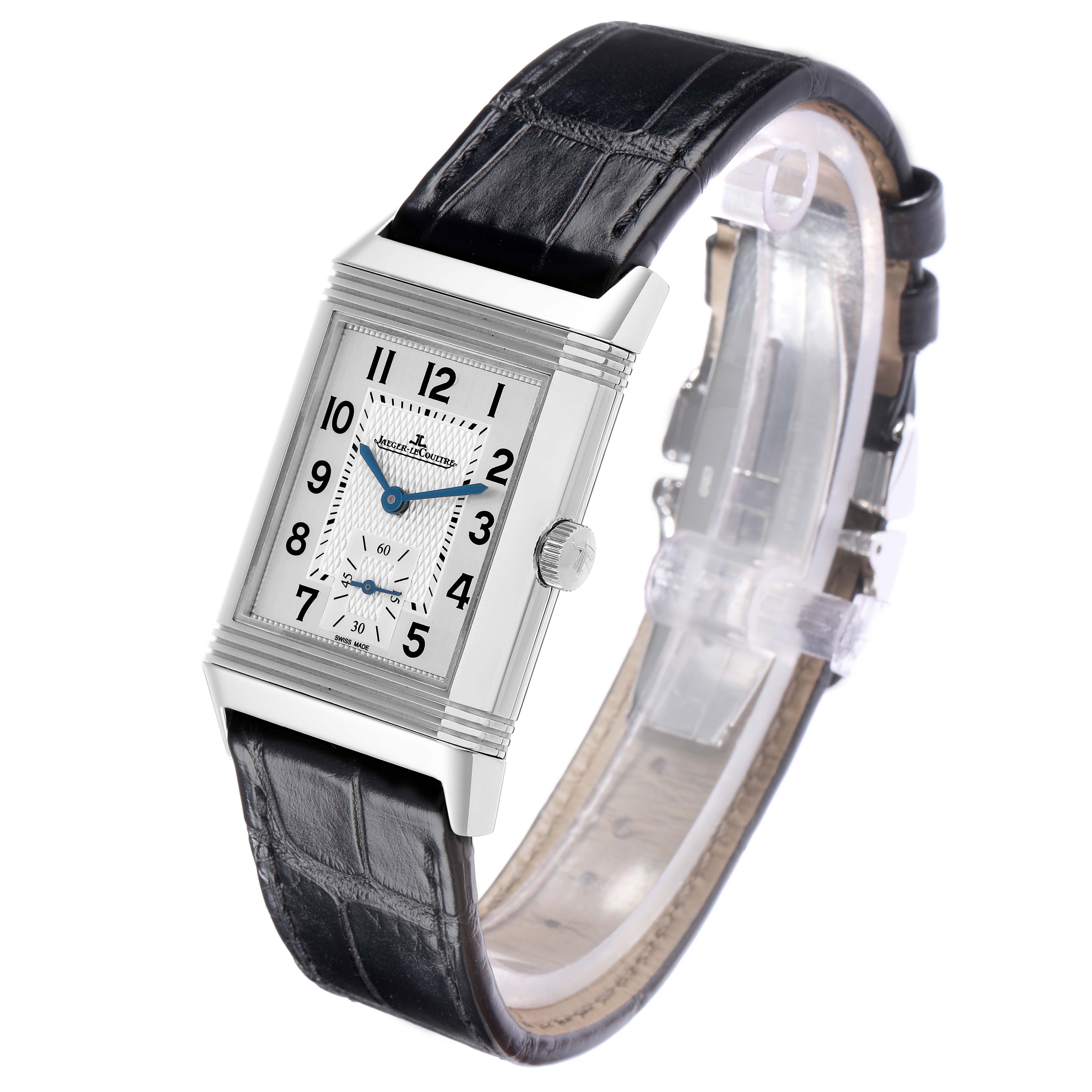 The Jaeger LeCoultre Reverso Q2458420 Men's Stainless Steel Silver Dial watch is shown at an angled front view, displaying its rectangular face and black leather strap.