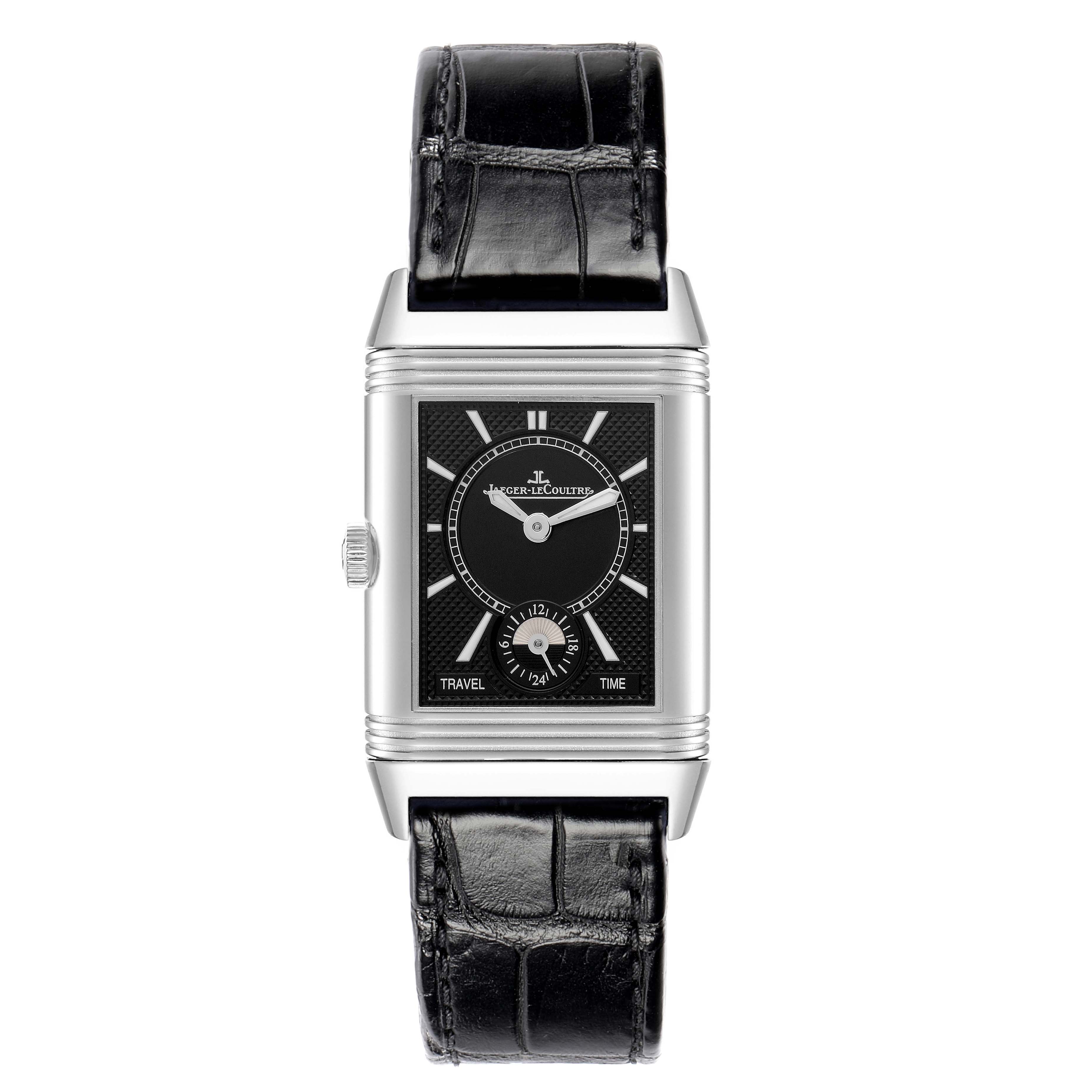 The Jaeger-LeCoultre Reverso watch is shown from the front, highlighting its rectangular face, dial details, and leather strap.