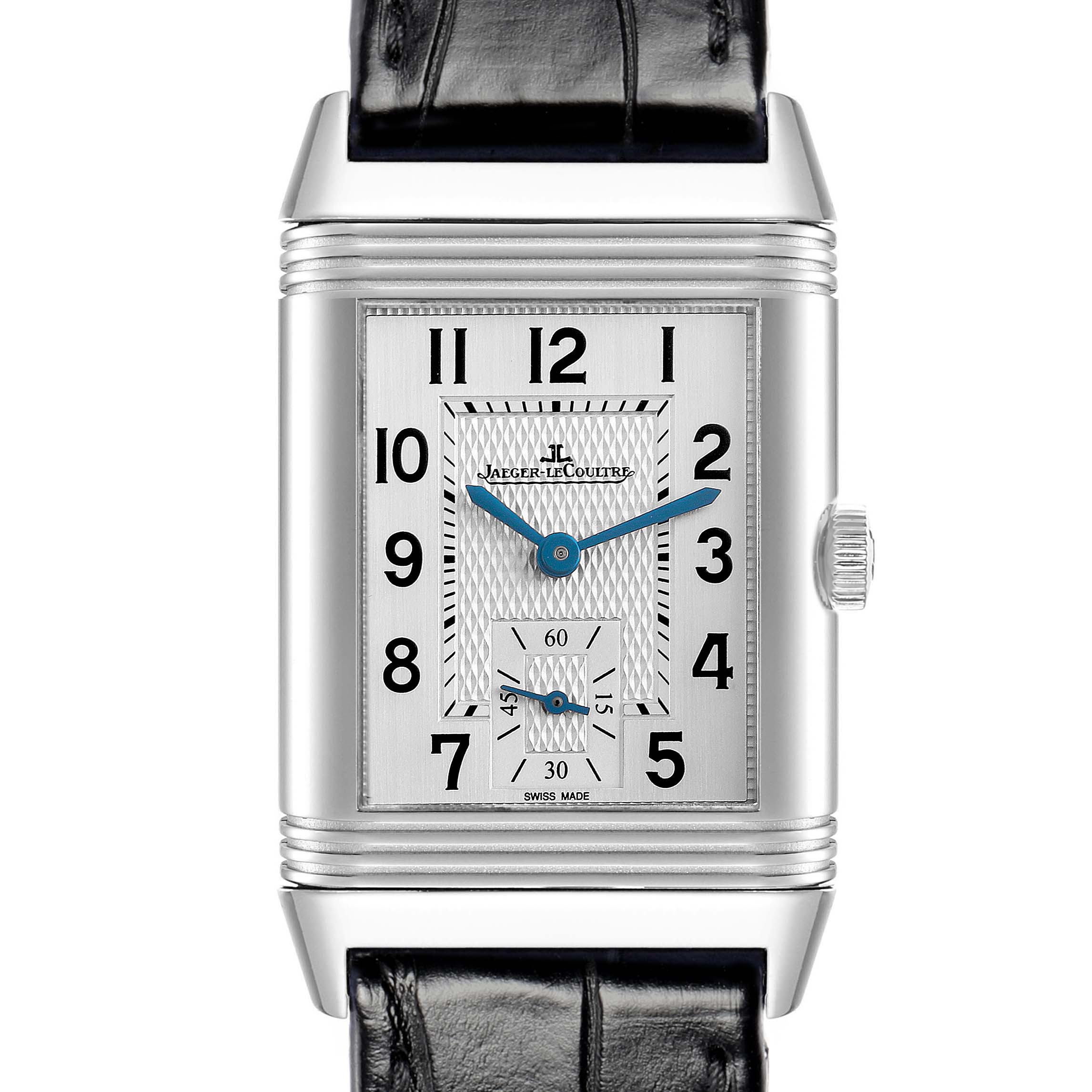 The Jaeger-LeCoultre Reverso watch is shown from a front angle, highlighting the dial, hands, crown, and case details.