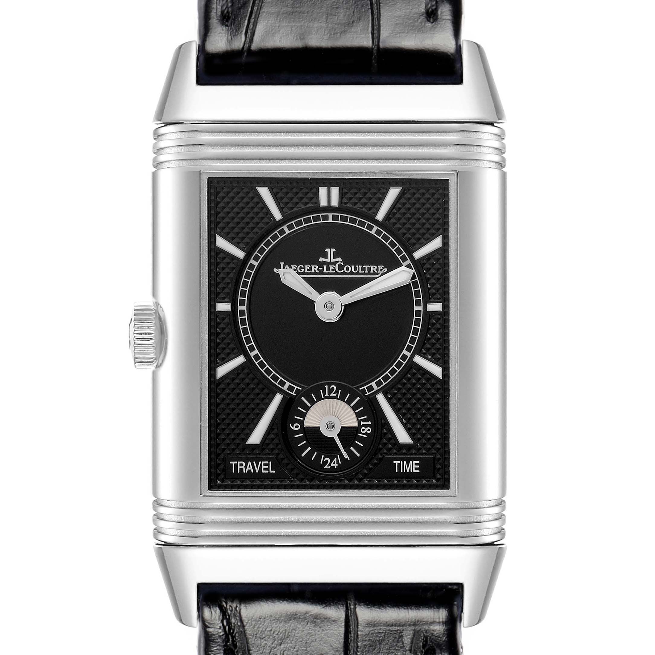 The Jaeger-LeCoultre Reverso watch is shown from the front, displaying its case, dial, hands, and crown.