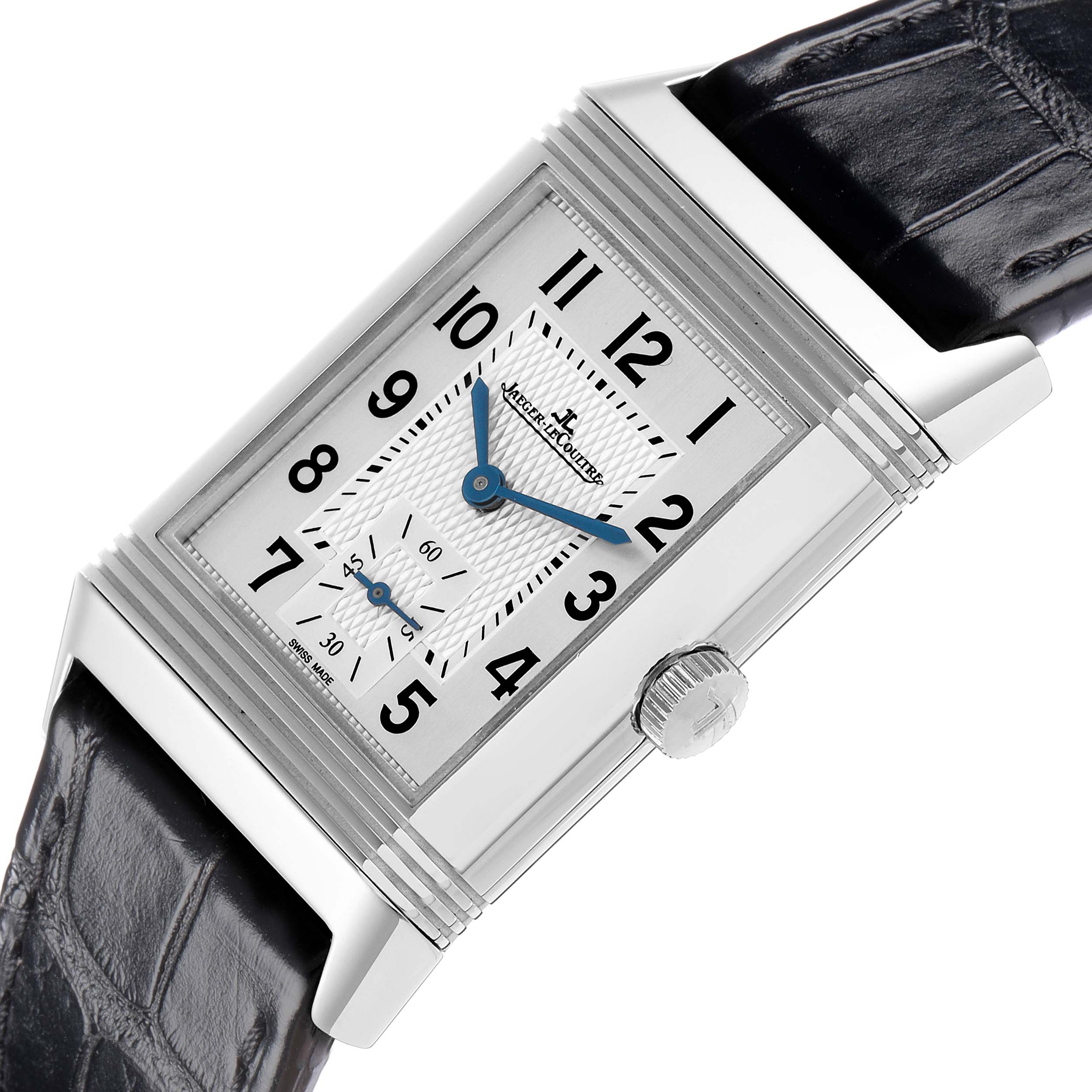 The image shows a Jaeger-LeCoultre Reverso watch at an angled view, highlighting the dial, case, crown, and leather strap.