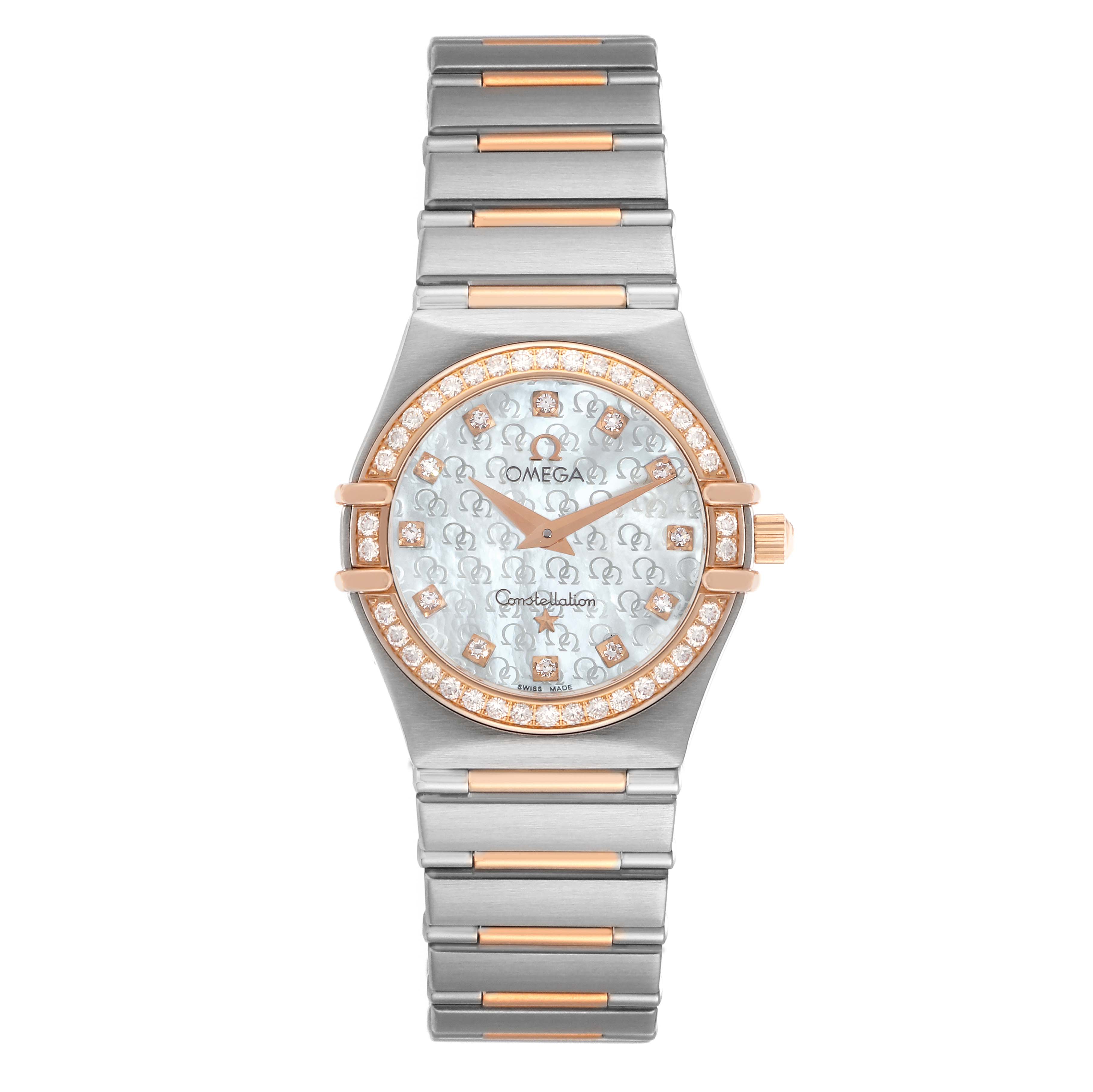 The Omega 13660.75.00 Women
s Steel and Gold (two tone) Mother of Pearl Dial Constellation My Choice Steel Rose Gold Diamond Watch is shown from a front view, highlighting its face and bracelet.
